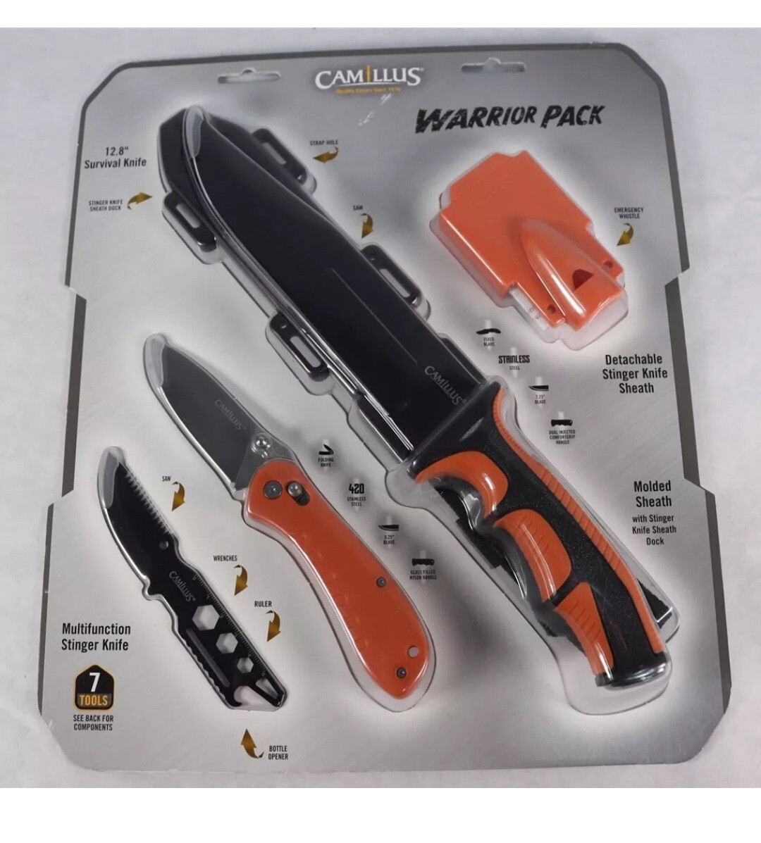 Camillus Warrior Pack 12.8 Survival Knife, Stinger Knife, Folding Knife, Whistle