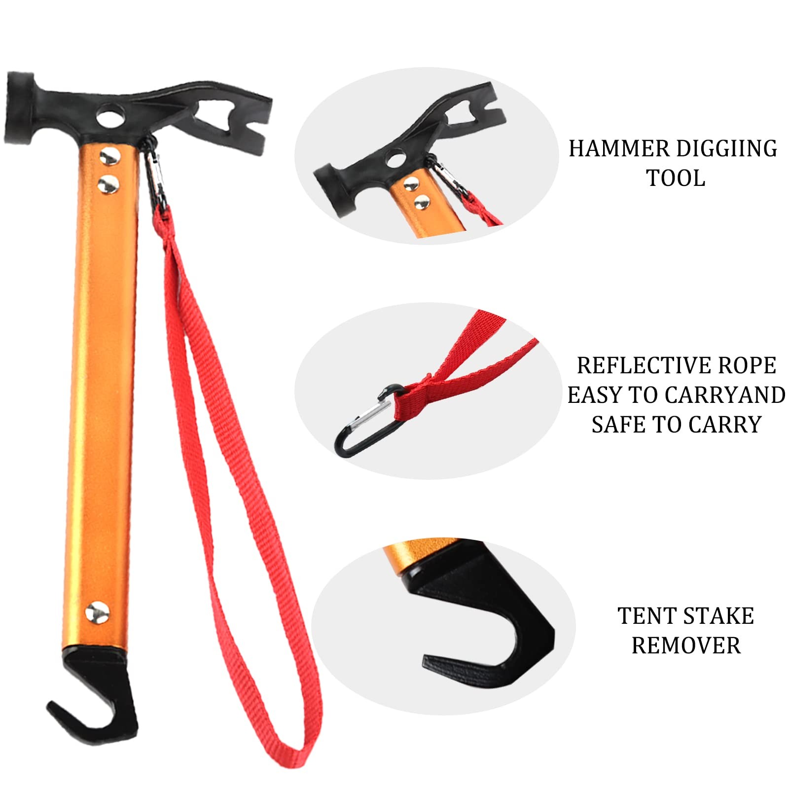 Carbon Steel Aluminum Camping Hammer, 12″ Small Lightweight Orange
