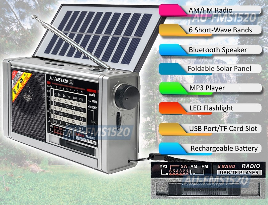 Premium Emergency Radio Bluetooth Speaker MP3 Player Emergency Light Solar Panel