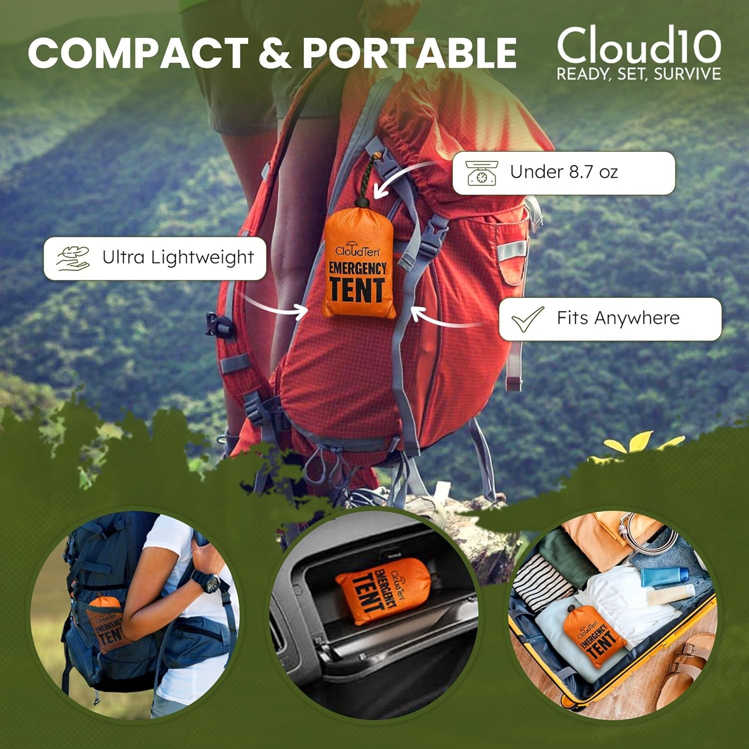 CloudTen Emergency Tent: Lightweight 2 Person Survival Tent with Multi-Function