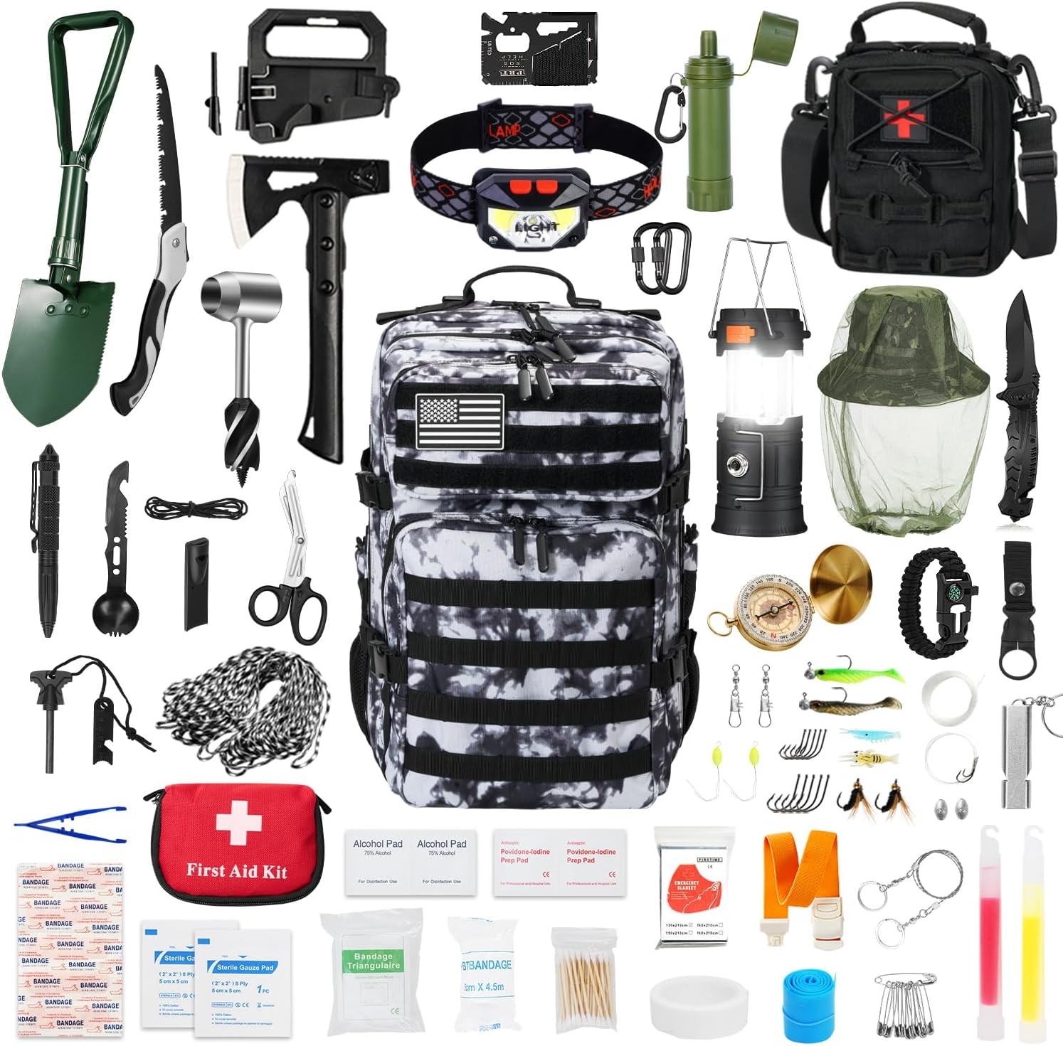 Professional Survival Gear Set—First Aid Kit and Large Camping Backpack,
