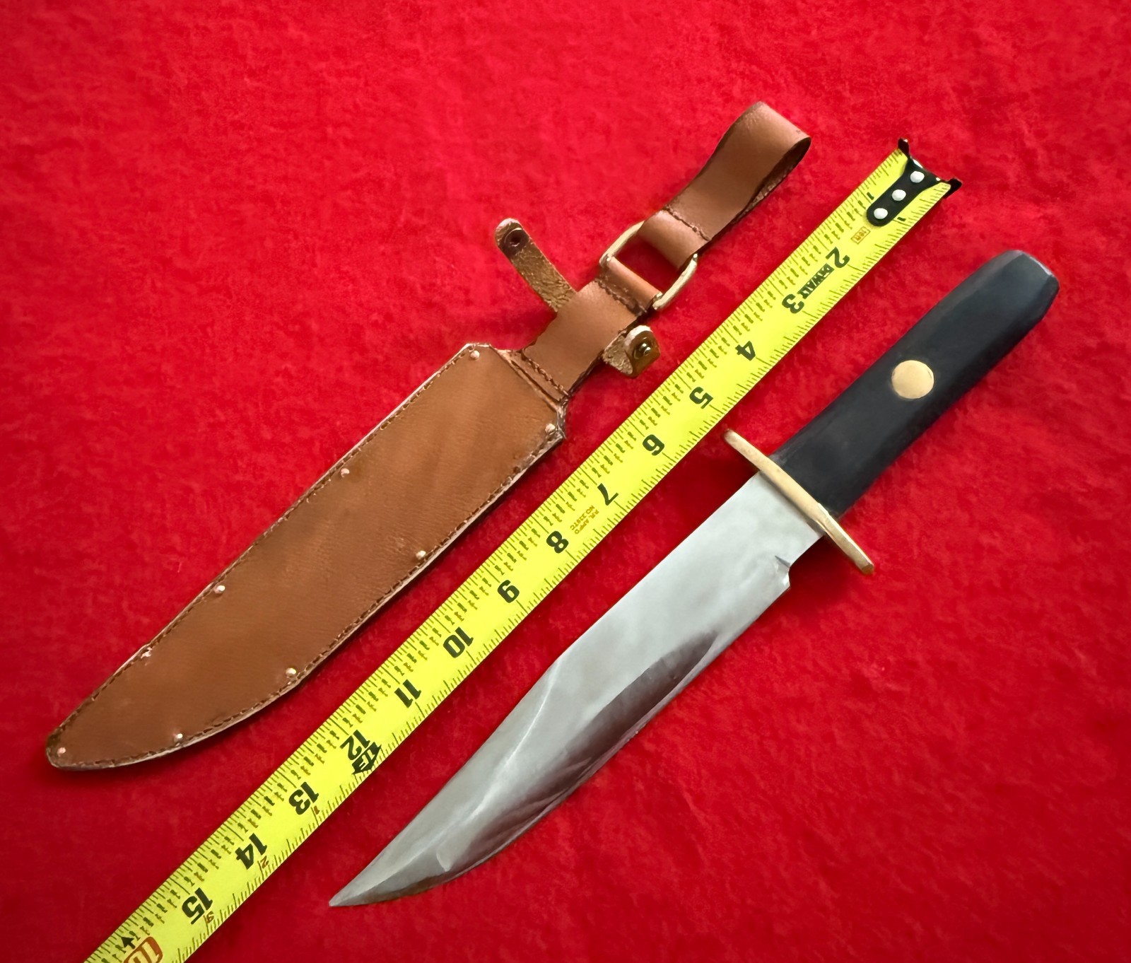 Vintage Bowie Knife Full Tang Brass Guard Wood Handle with Leather Sheath