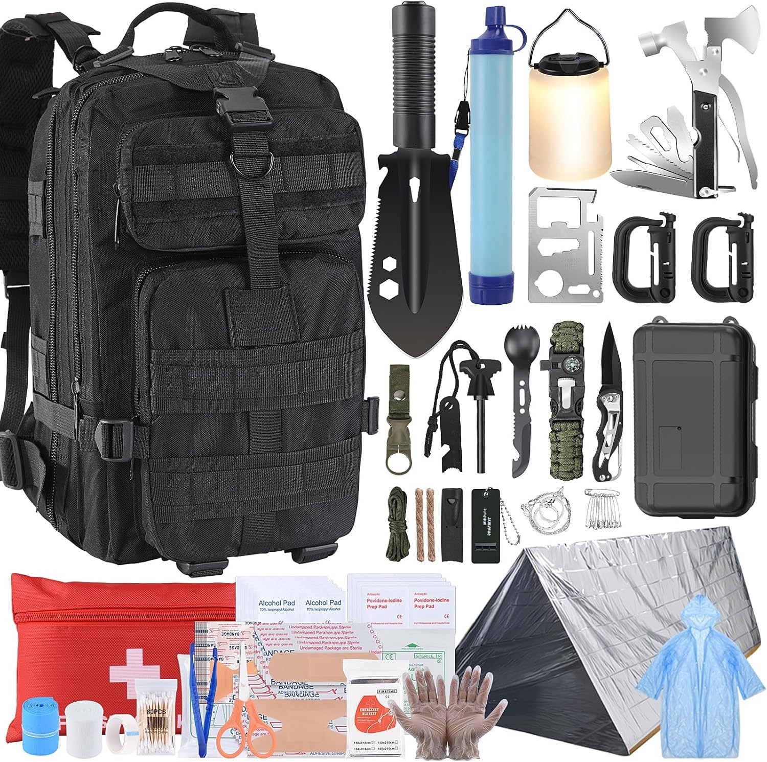258 PCS Survival Kit Gear Emergency Backpack Water Filter First Aid Camping Hiki