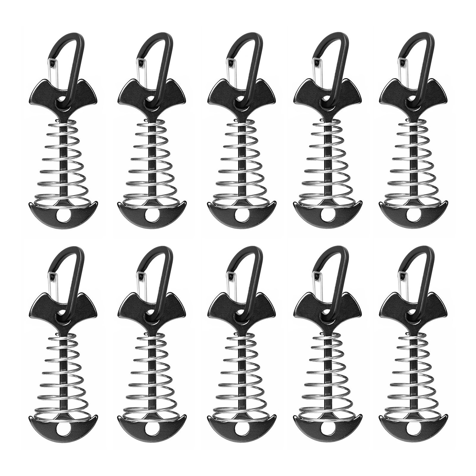Fishbone Deck Anchor Pegs with Carabiners, Aluminium Tent Stakes 10Pcs Black