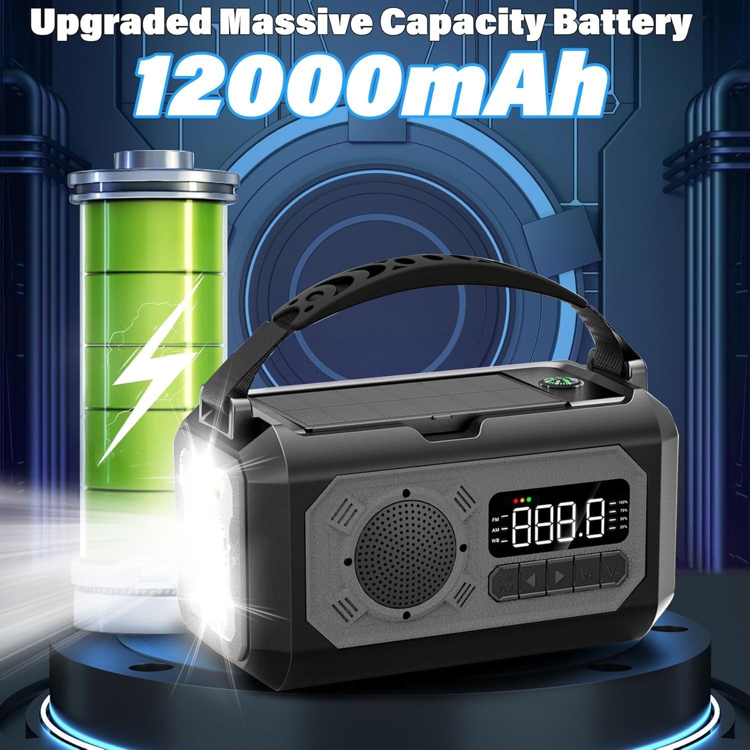 12000mAh Emergency Weather Radio, Hand Crank Solar Radio Portable Gray