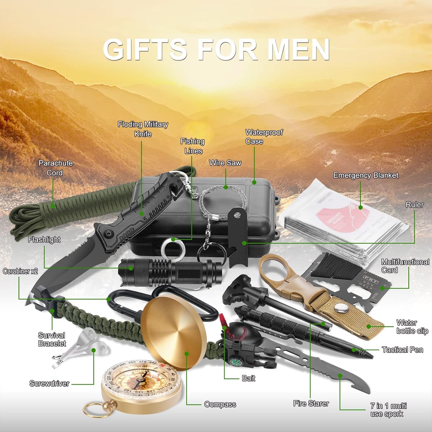 Gifts for Men Fathers Day Emergency Survival Kit 22 in 1 Professional Survival