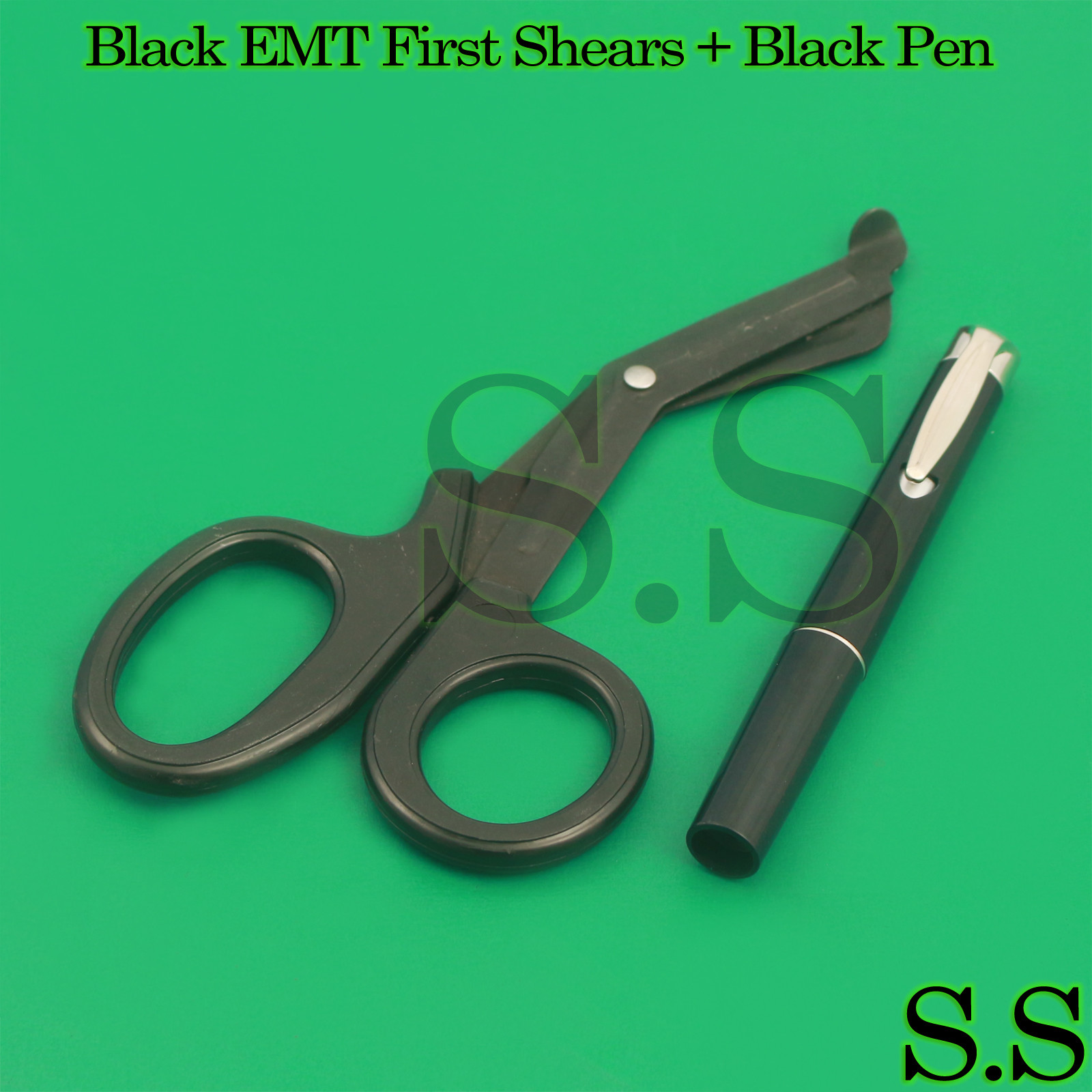 Tactical Black – Set of 2 pcs Black EMT First Responder 7.5″ Shears + Black Pen