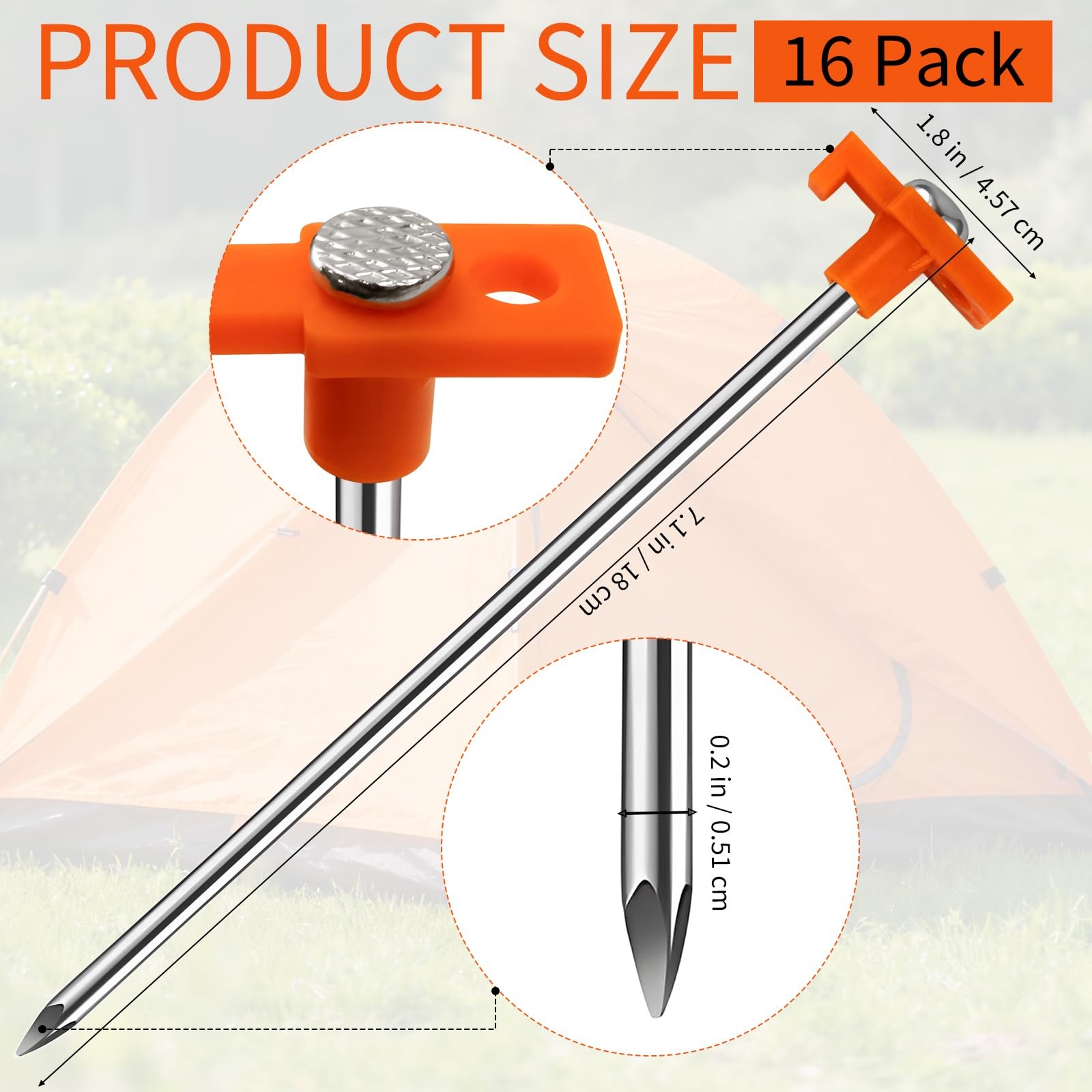 Zmpkhba 16 Pack Tent Stakes, Galvanized Non-Rust Camping Pegs, Orange