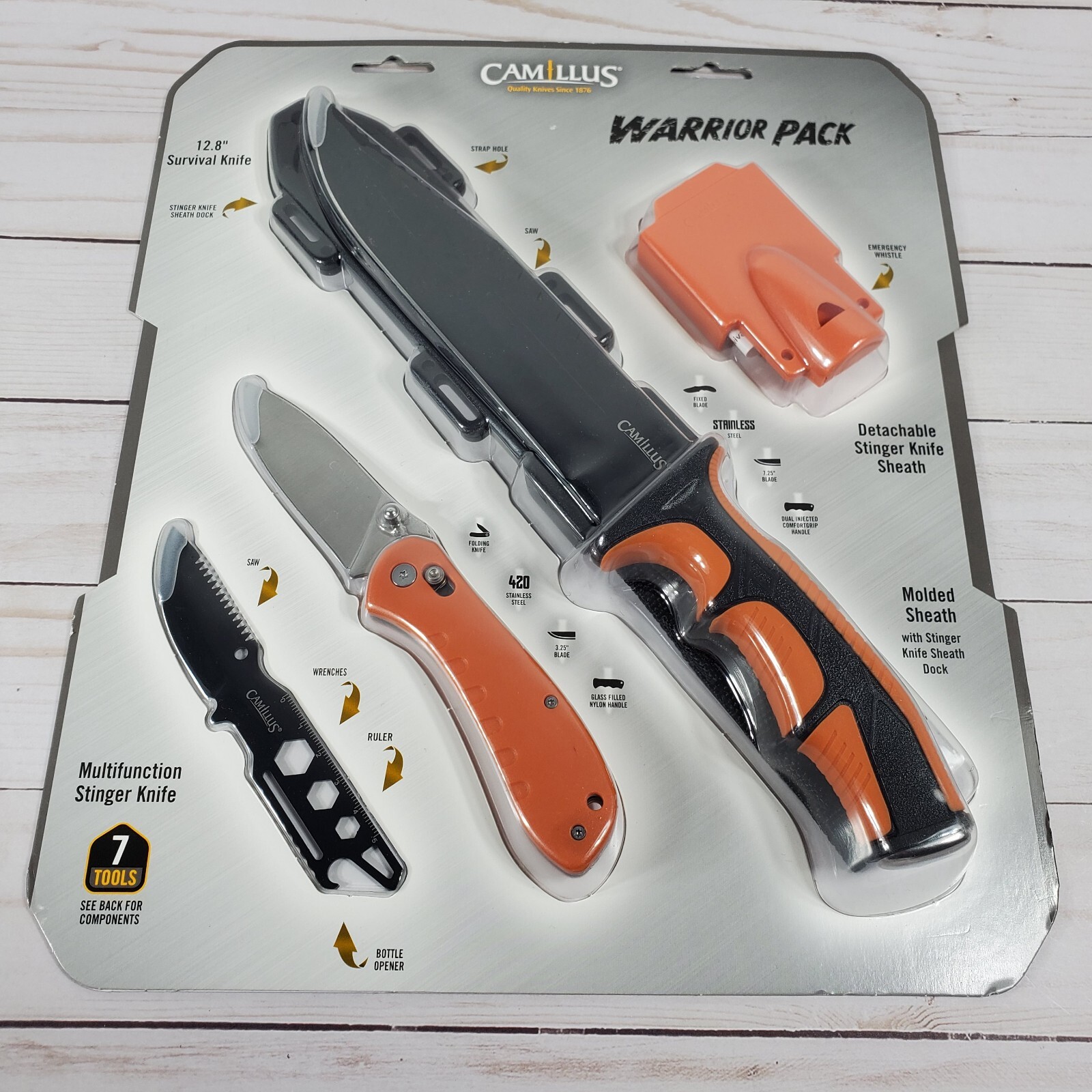Camillus Warrior Pack 12.8″ Survival Knife, Stinger Folding Hi-Vis Hunt Camp