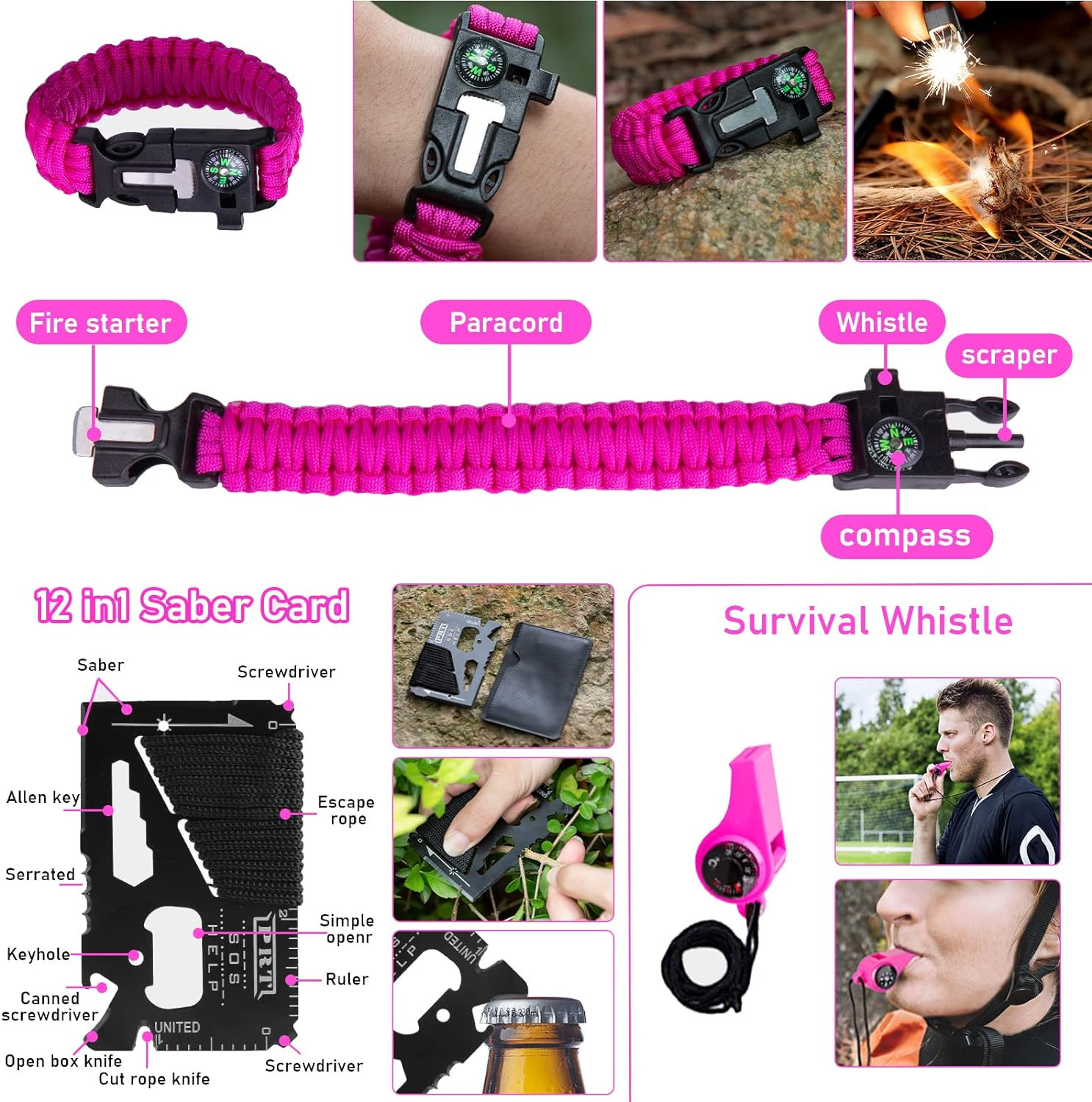 Pink Survival Kits First Aid Set Hiking Camping Gear Equipment Bug Outdoor Gift