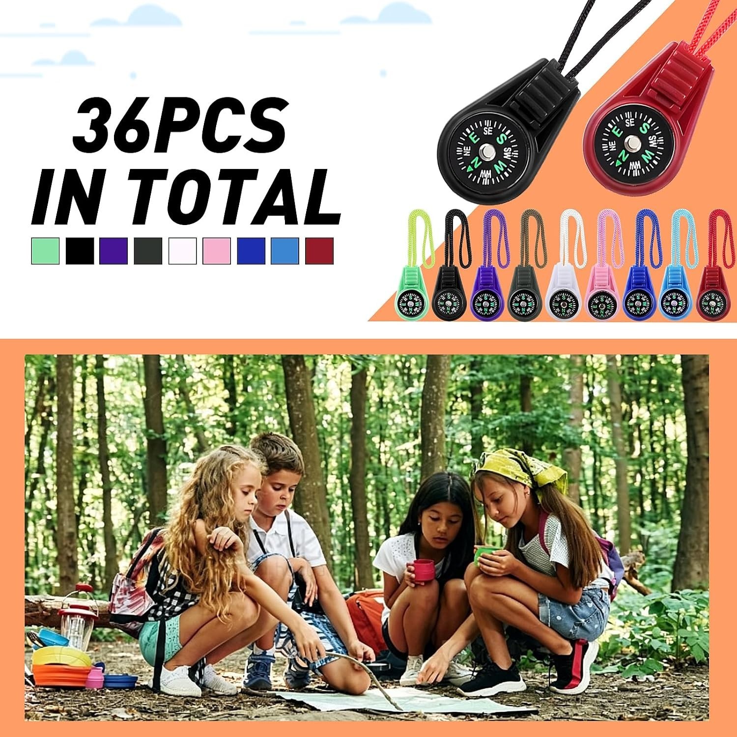 36 Pack Mini Survival Compass Bulk Multicolor Kids Scout Camp Hiking Party Favor