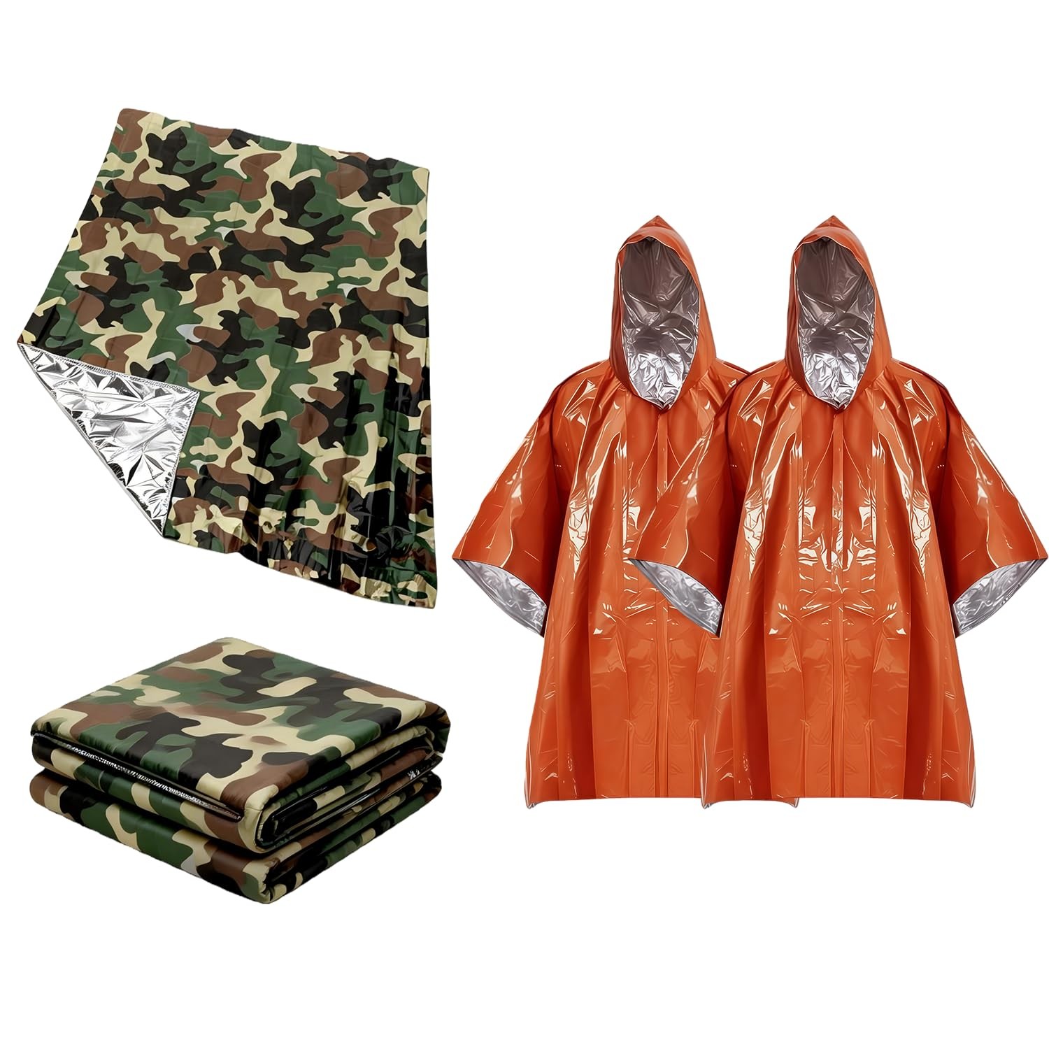 4-Pack Emergency Survival Kit,Camo Emergency Blankets（2） + Orange Emergency P…