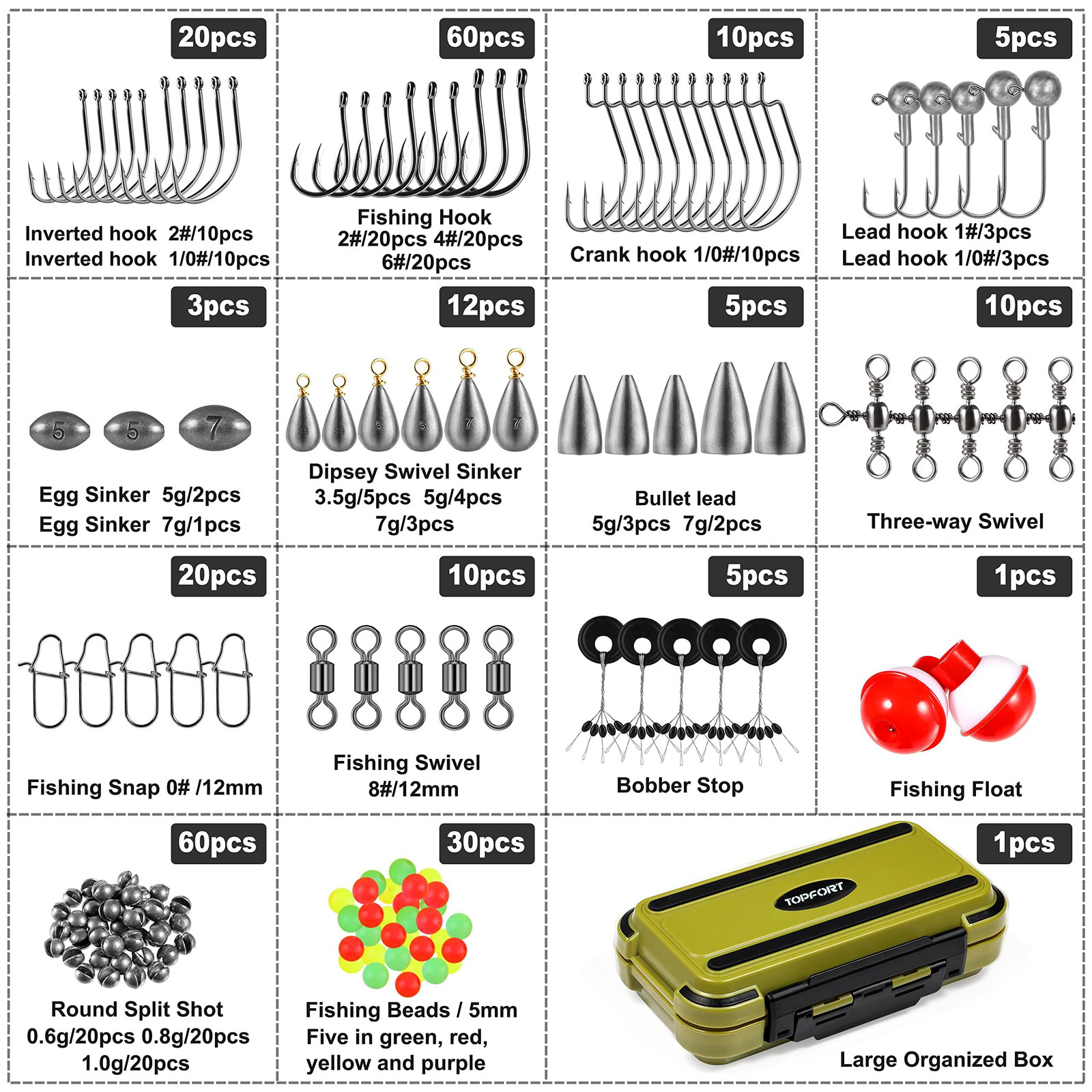 TOPFORT 187/343pcs 6.3 x 3.7 x 1.8 inches, 251pcs Fishing Accessories kit
