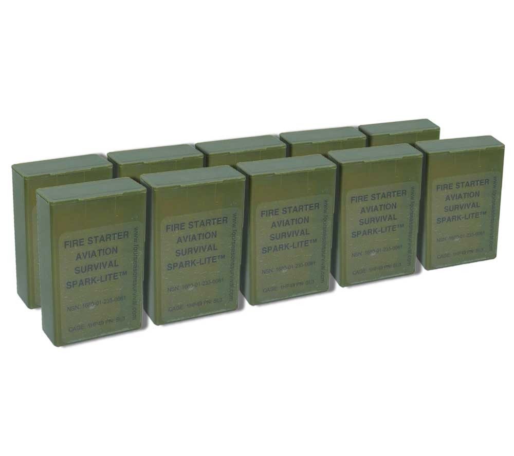 Spark Lite Firestarter 10 pack Olive Drab Mil spec Sparker and Tinder Quik Tabs