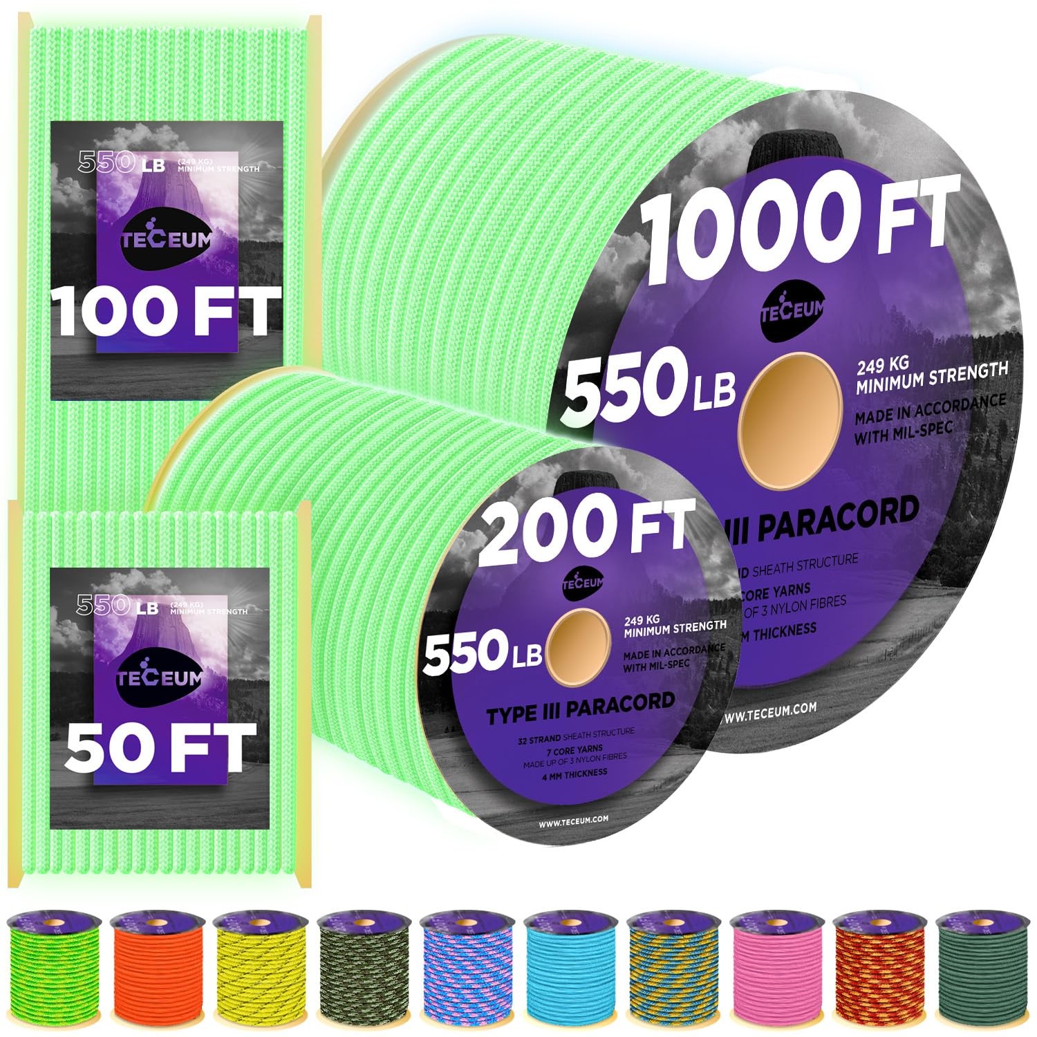 TECEUM Paracord Type III 550 Green – Glow in 100 Ft, – the Dark