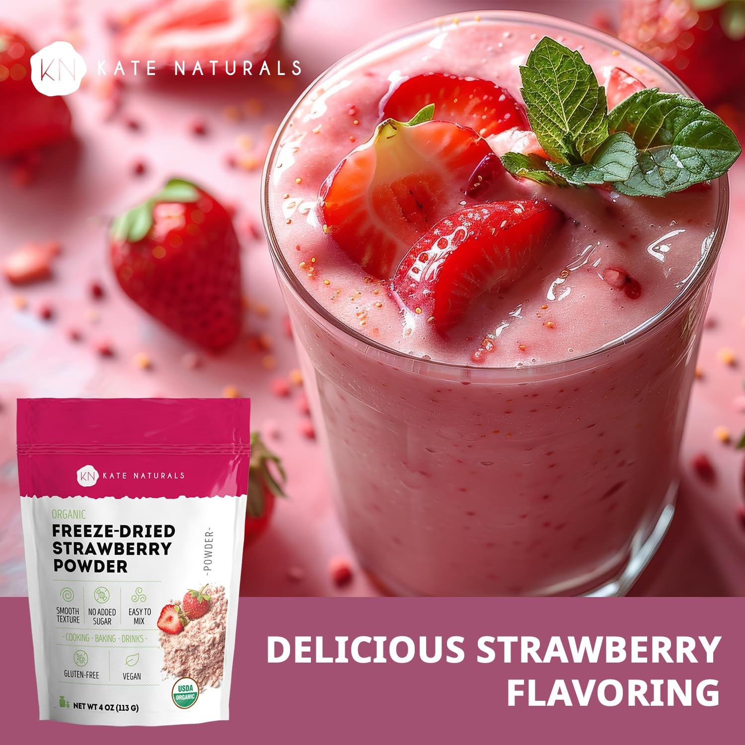Kate Naturals Organic Freeze Dried Strawberry 4 Ounce (Pack of 1), Pink