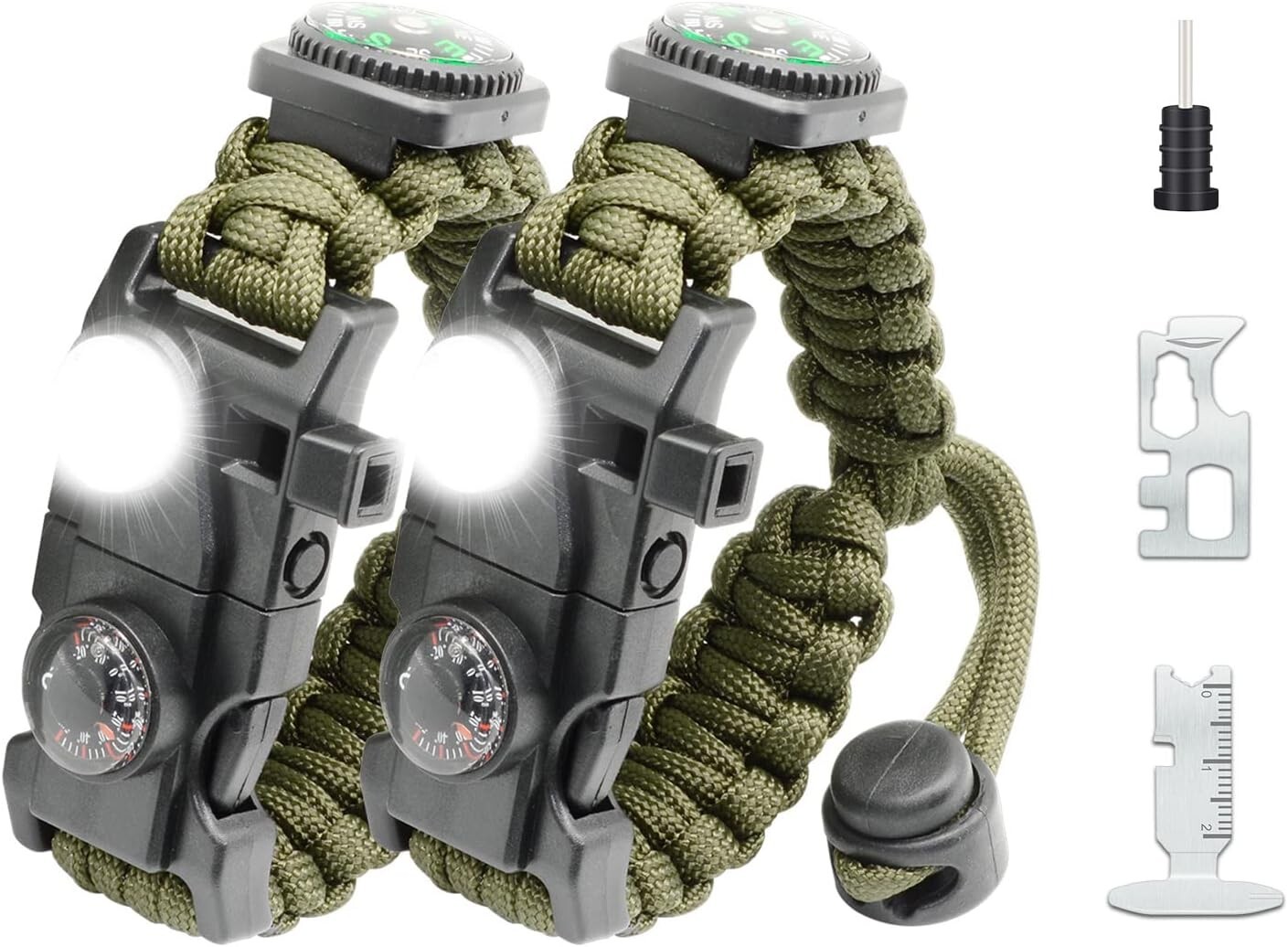 Durable Paracord Survival Bracelet with Whistle, Compass & LED Light – Green
