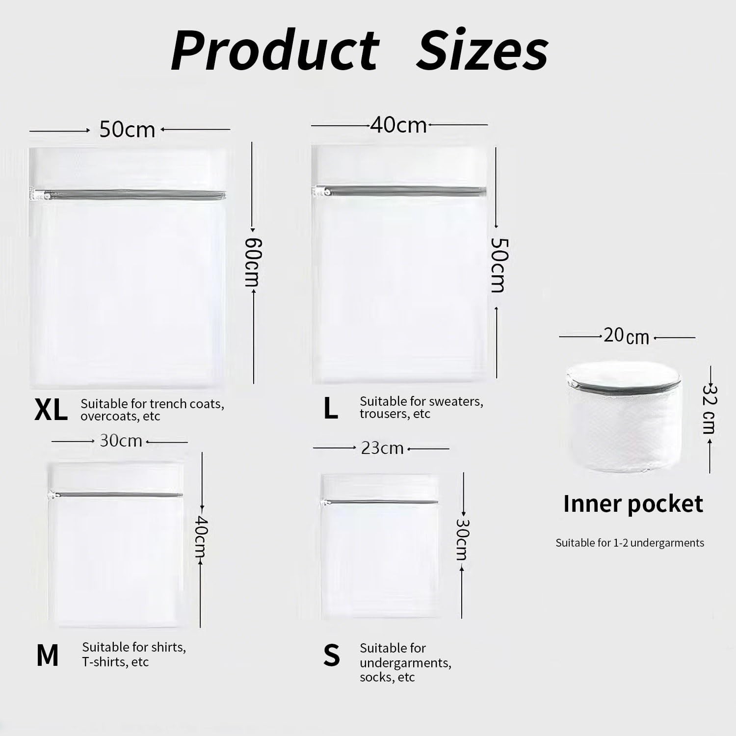 Mesh Laundry Bags 5 Pcs, with Sturdy Zipper Openings, Protect 5 pcs, White