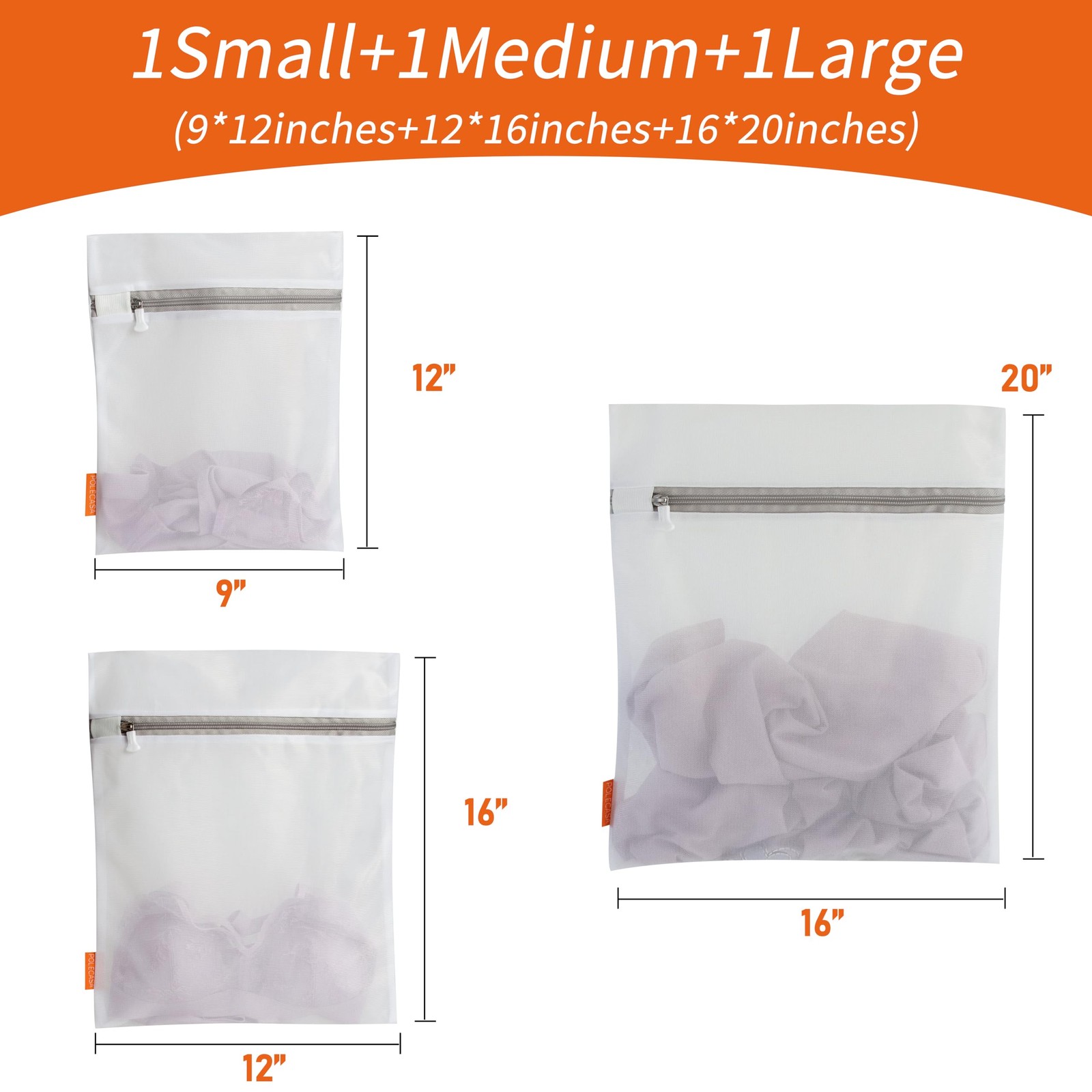 Polecasa Mesh Laundry Bags 3 Pack 1 Large, 1 Medium, 1 Small, Fine