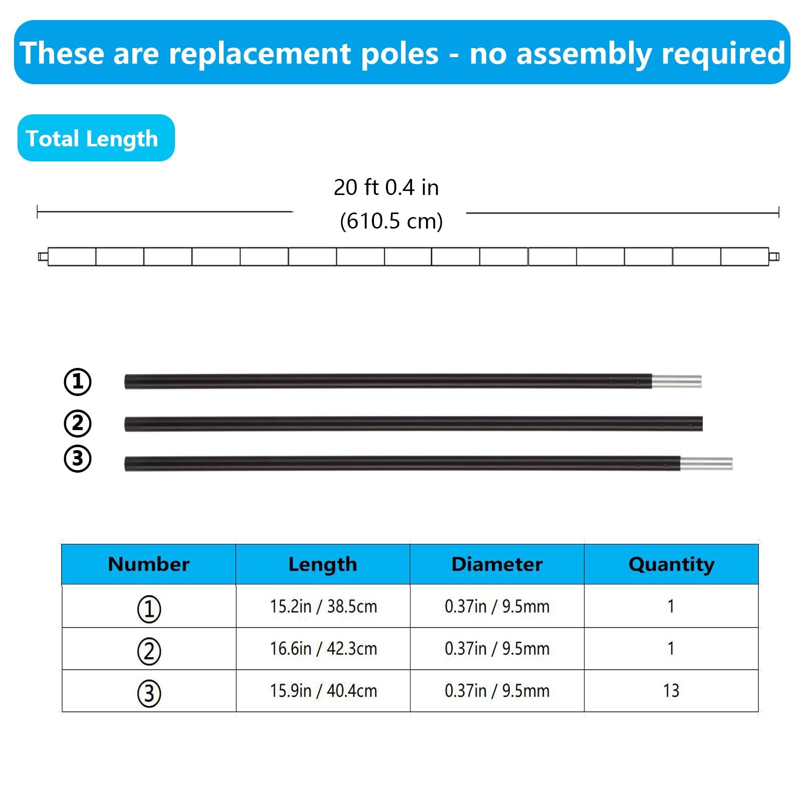 Aluminum Tent Poles Replacement,Fits Both Female and Male 20ft 0.4in, Black