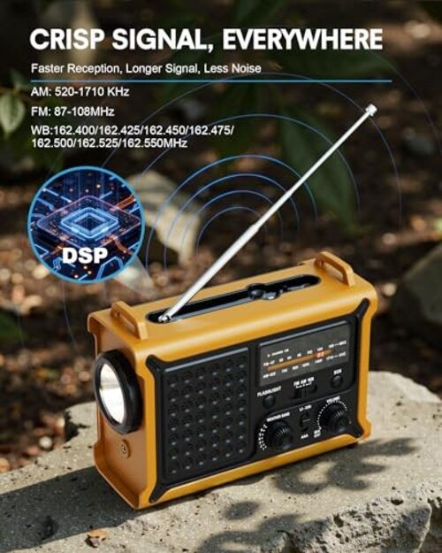 Hand Crank Emergency Radio Solar with 12000mAh Power Bank, Yellow + Black