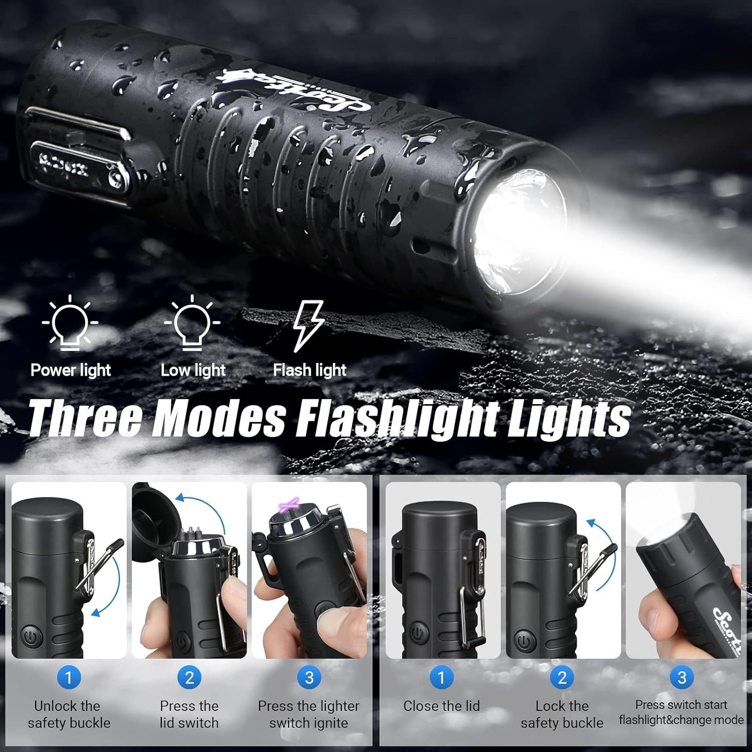 Scotte Plasma Windproof Arc Lighter LED Flashlight 2-in-1 Black