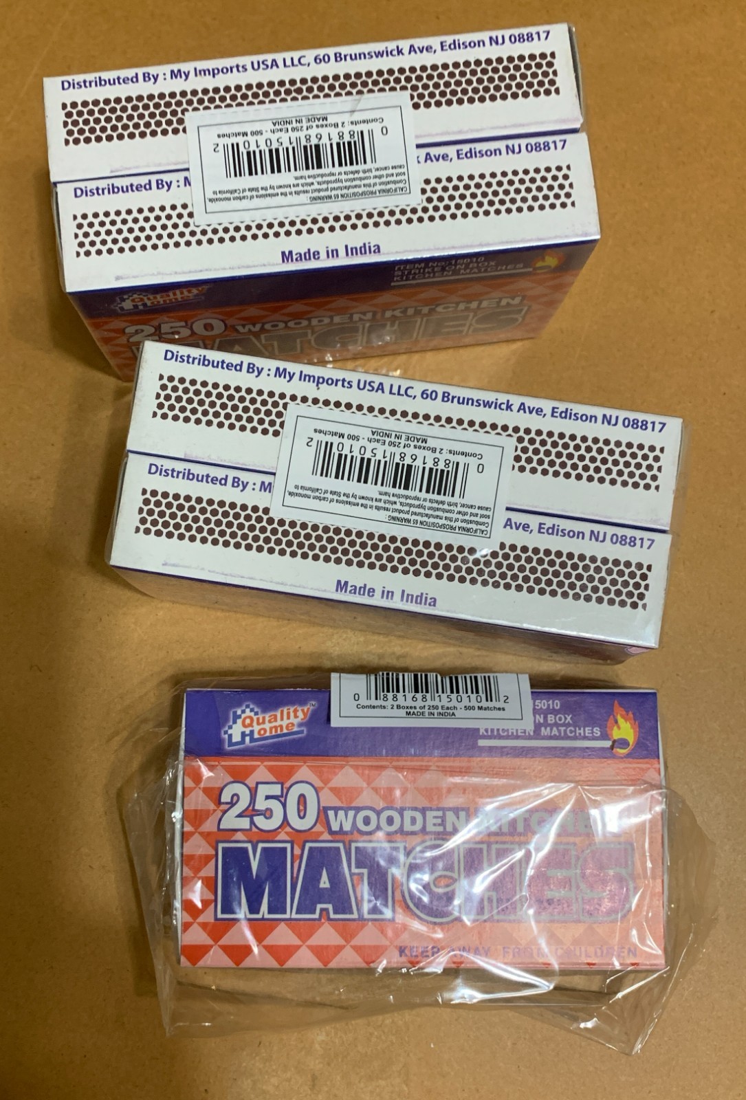 5 Boxes Quality Home Wooden Matches-250 ea Box-Total 1250 Matches-Made in India