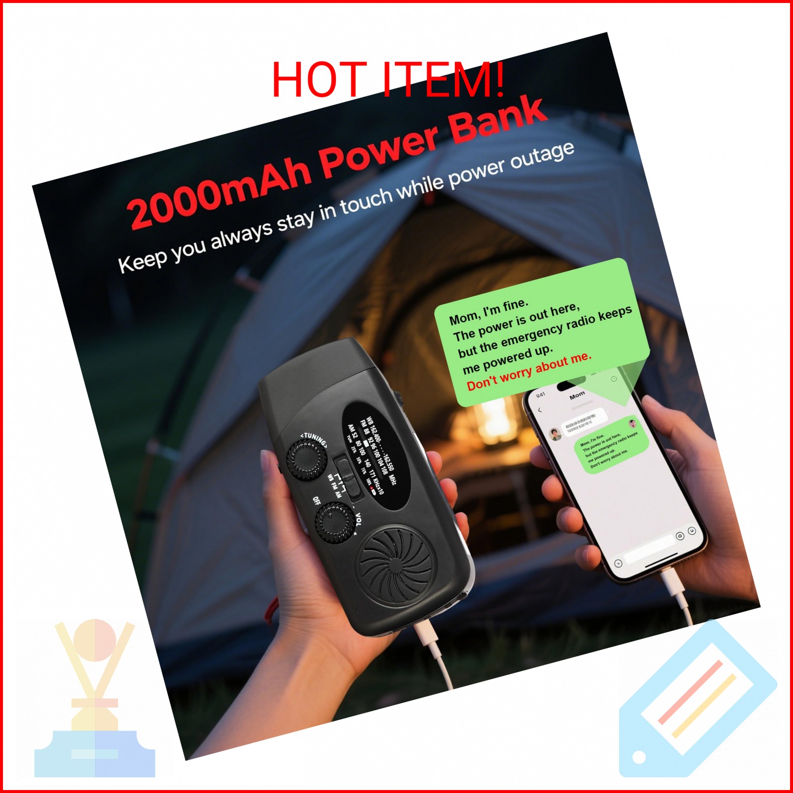 Solar Emergency Hand Crank NOAA Weather Radio with AM/FM, 2000mAh USB Phone Char