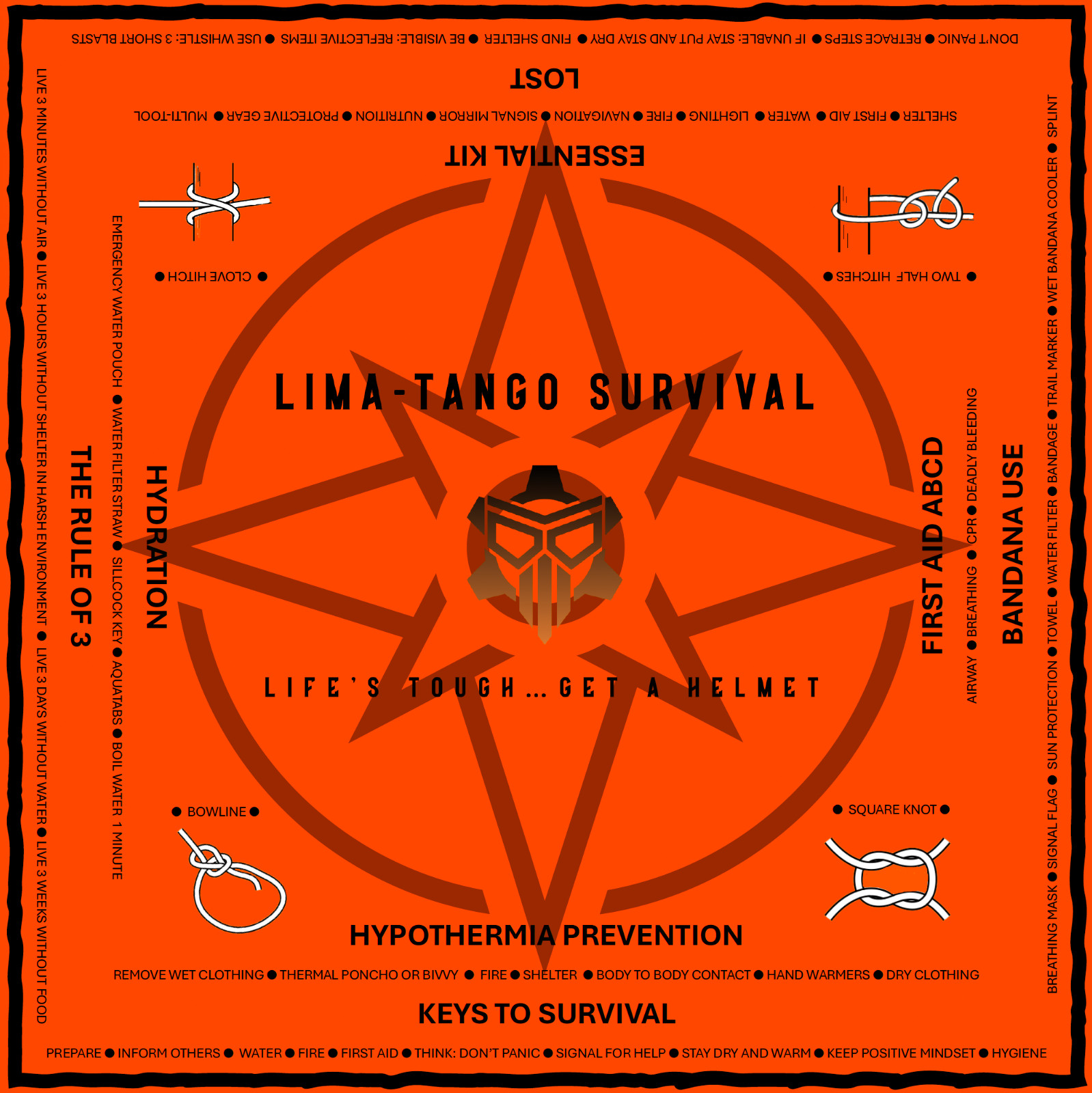 LIMA-TANGO Orange Bandana Survival Tips, Hunting, Camping, Hiking, Emergency