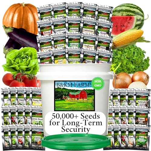 Survival Seed Vault: 50 Varieties, 50,000+ Non-GMO Heirloom Seeds – 5+ Year 1
