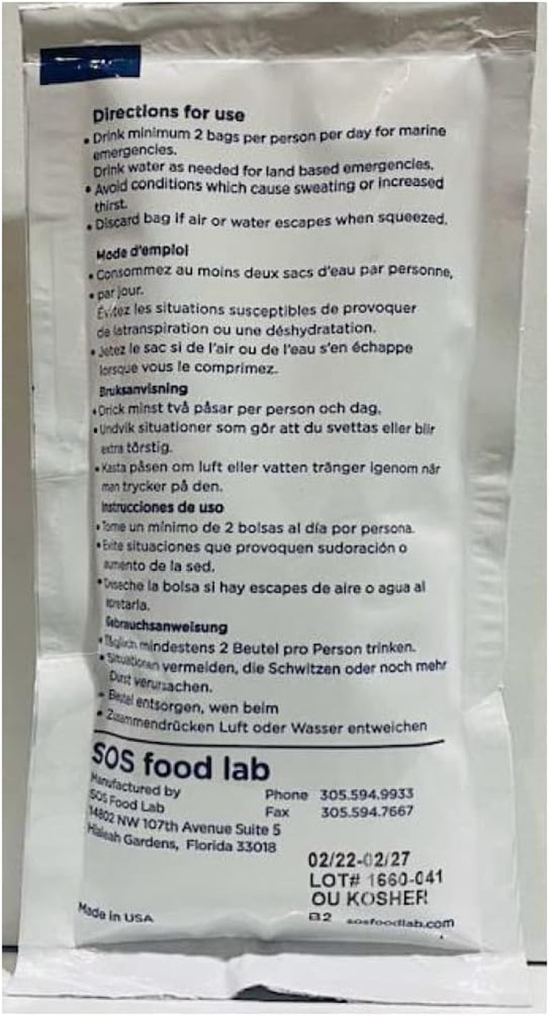 SOS 78804 Emergency Drinking Water Pouch, 125Ml