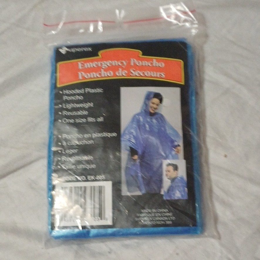 Suprex Emergency Poncho Blue Hooded Lightweight Reusable Plastic EK-005