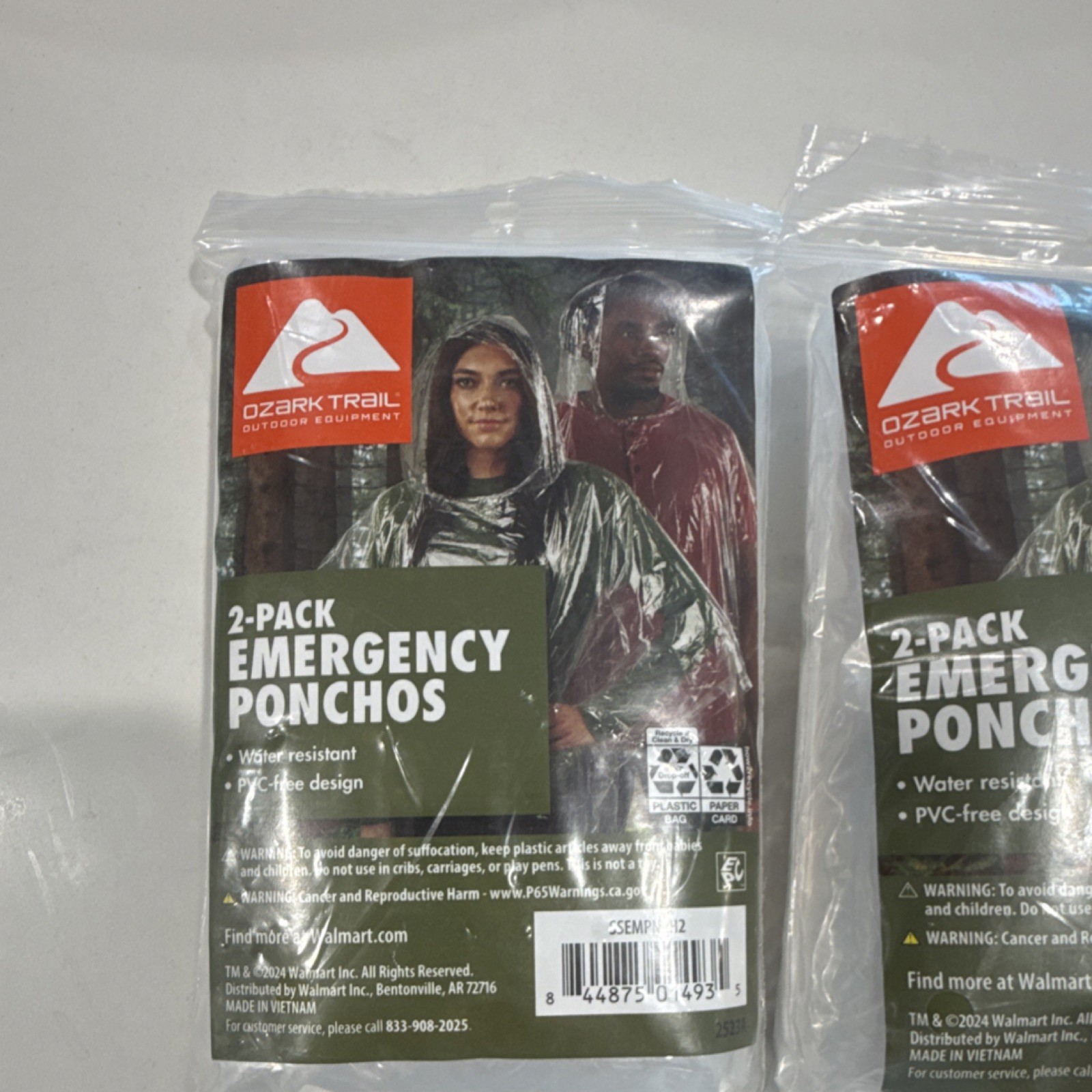 Ozark Trail 2-Pack Emergency Ponchos Water Resistant PVC-Free Clear Red Camping