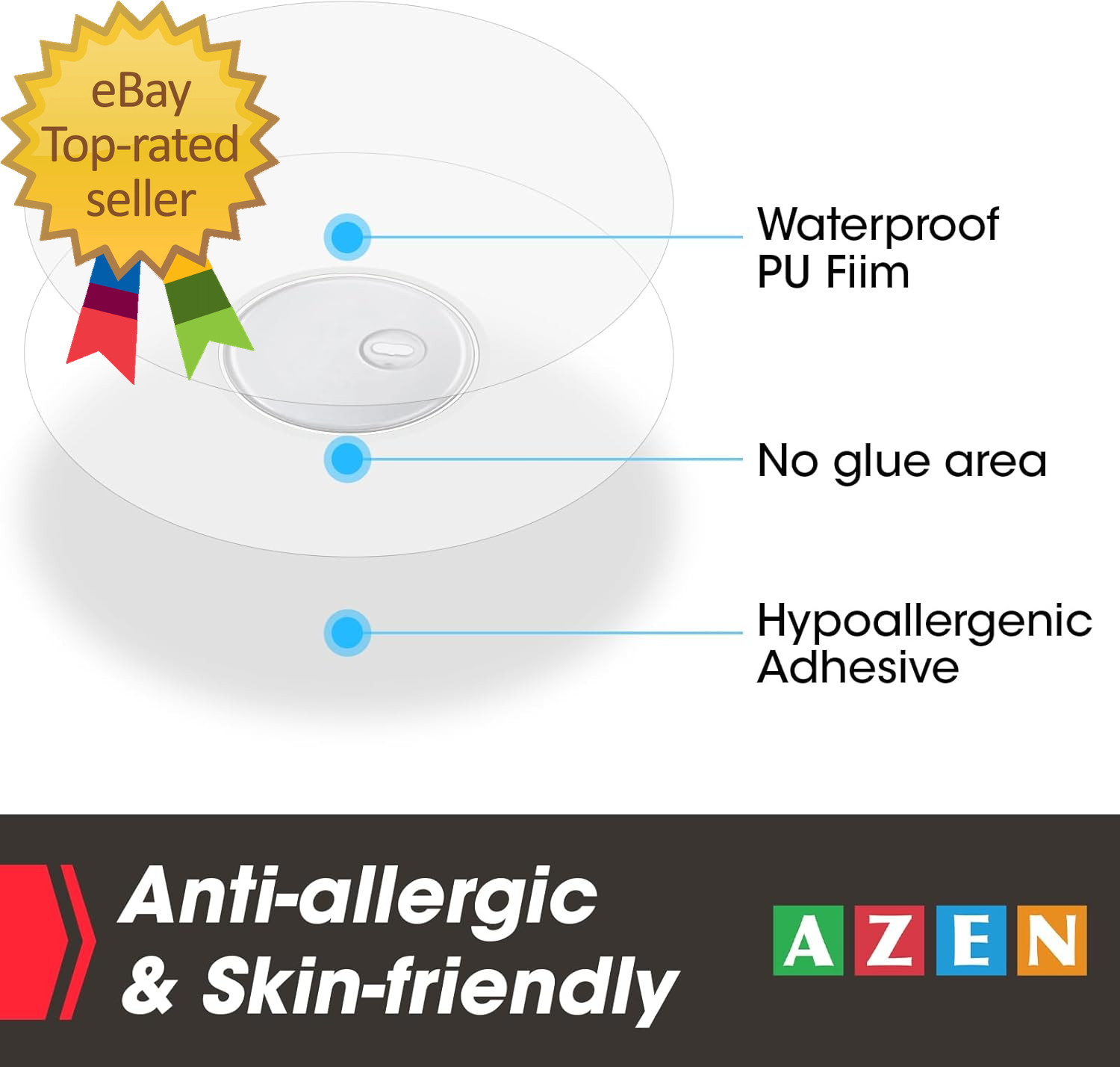 AZEN 60 Pack Freestyle Sensor Covers for Libre 3, Waterproof Adhesive Patches, W