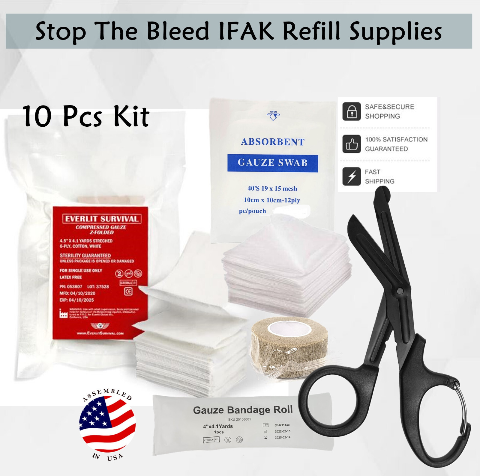 10 Pcs IFAK First Aid Supplies for Medical Trauma Refill or Create New Kit