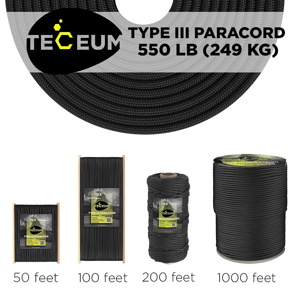 TECEUM Paracord Type III 550 Black –100 ft – 4mm – Tactical 100 ft,