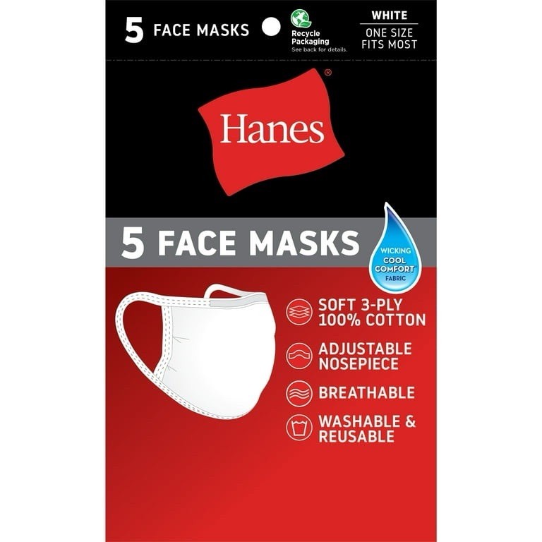 New 5 Pack Hanes Reusable PPE White Face mask, Washable soft 3-ply 100% Cotton