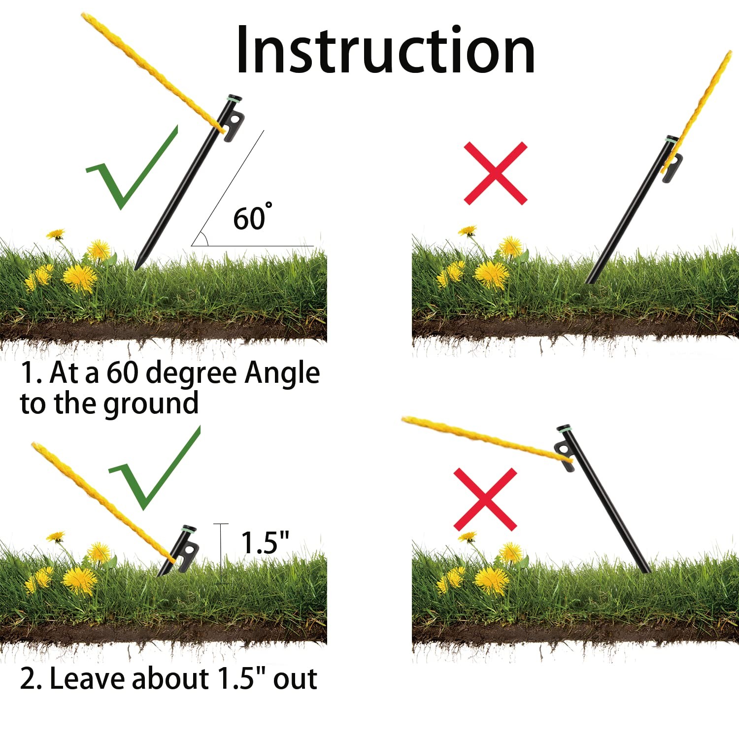 Tent Stake with Hammer, 12-Pack 12in Heavy Duty Stakes + 10in Black