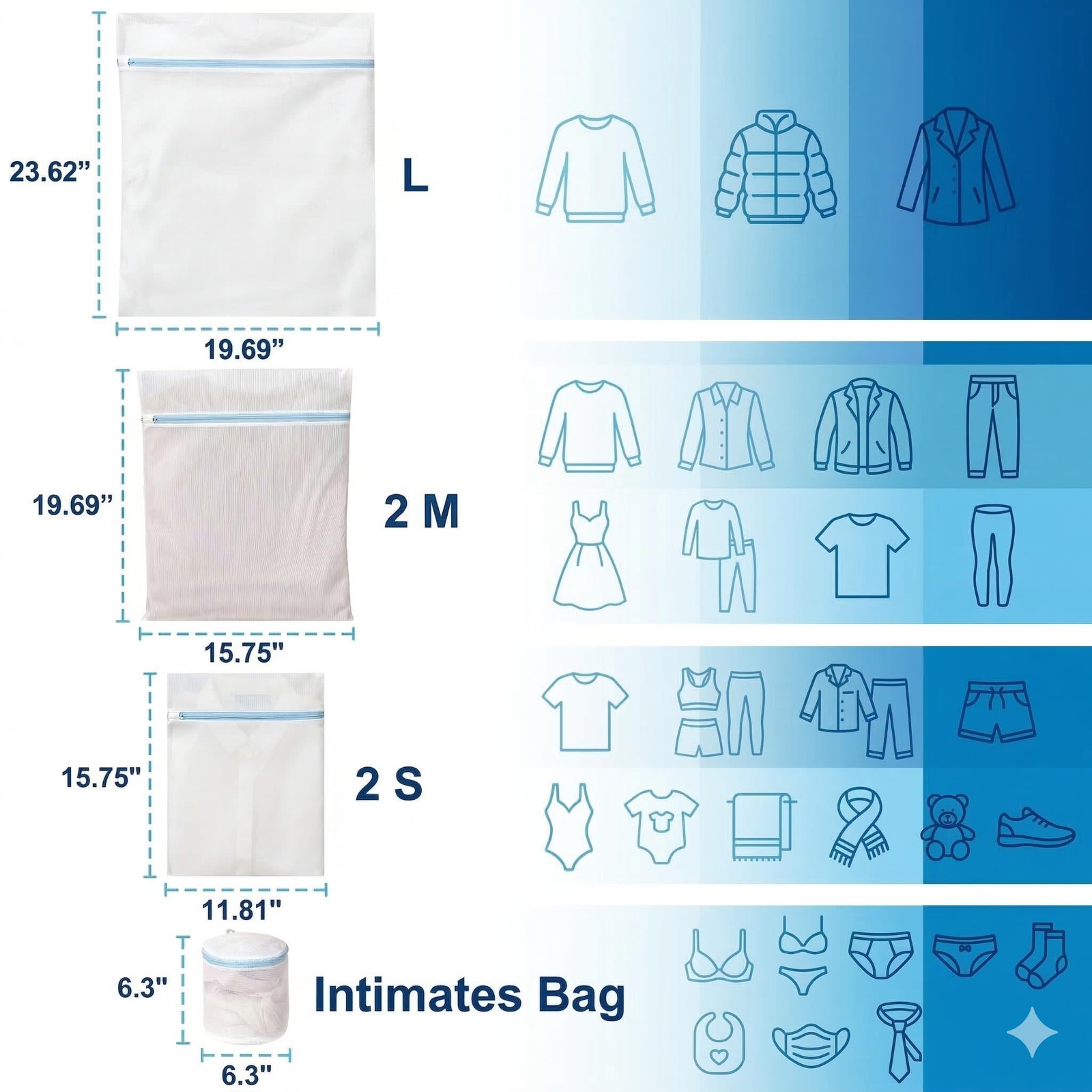 6 Pack Mesh Laundry Bags for Delicates with Auto-Lock Zipper, Durable blue