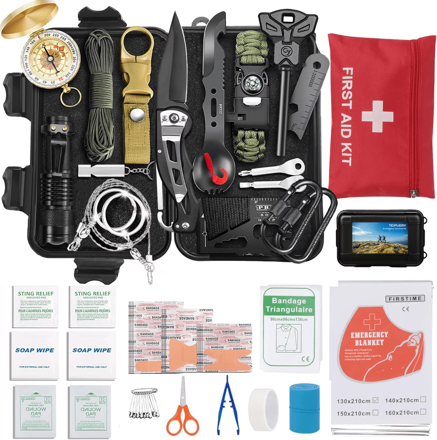 TEIPUERY Survival Kit 57 Pcs Outdoor Emergency Gear Camping