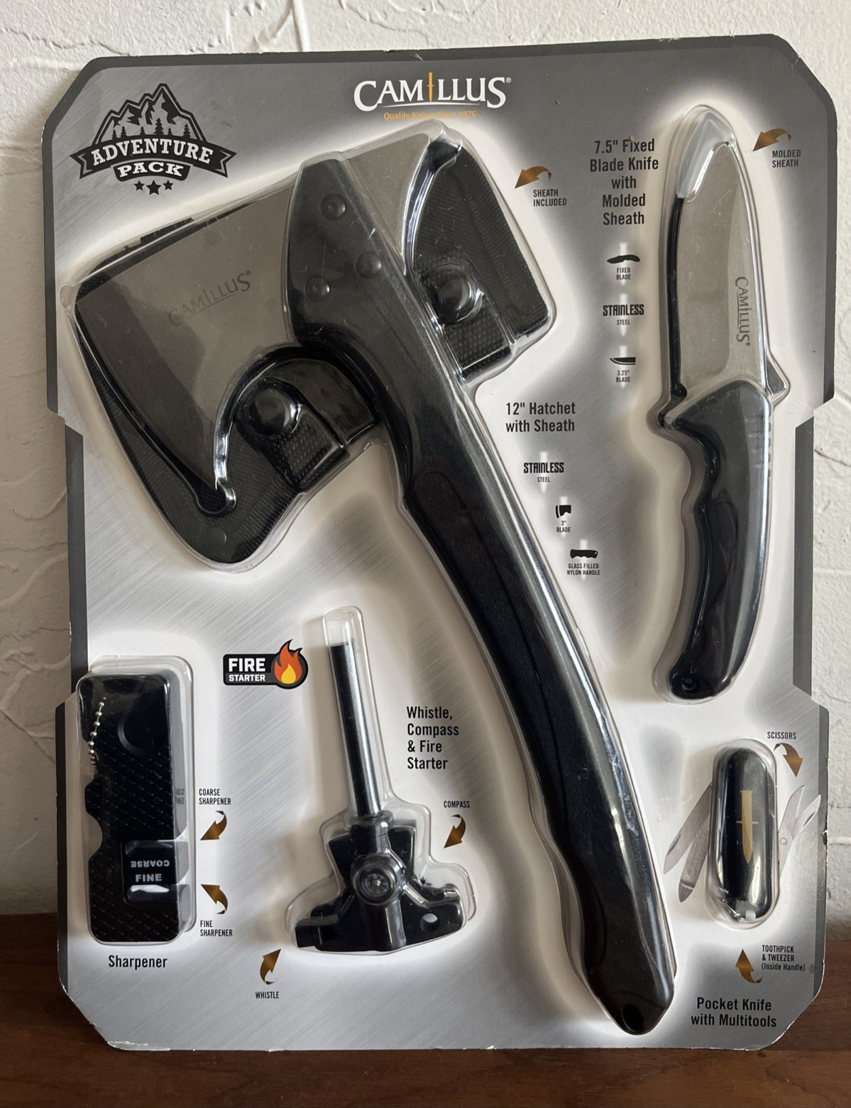Camillus Combo Pack 12″ Hatchet, 7.5″ Fixed Blade Knife, Fire Starter, sharpener