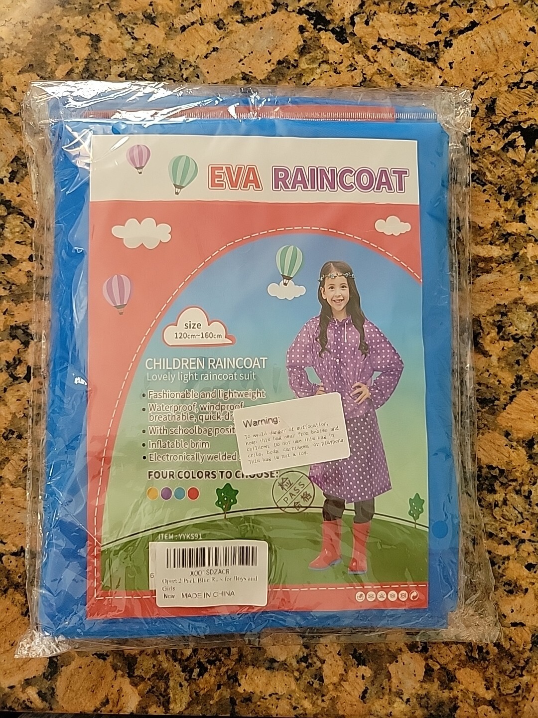 Raincoat Hooded Drawstring 2 pack OSFM Youth size 120cm-160cm Blue NEW