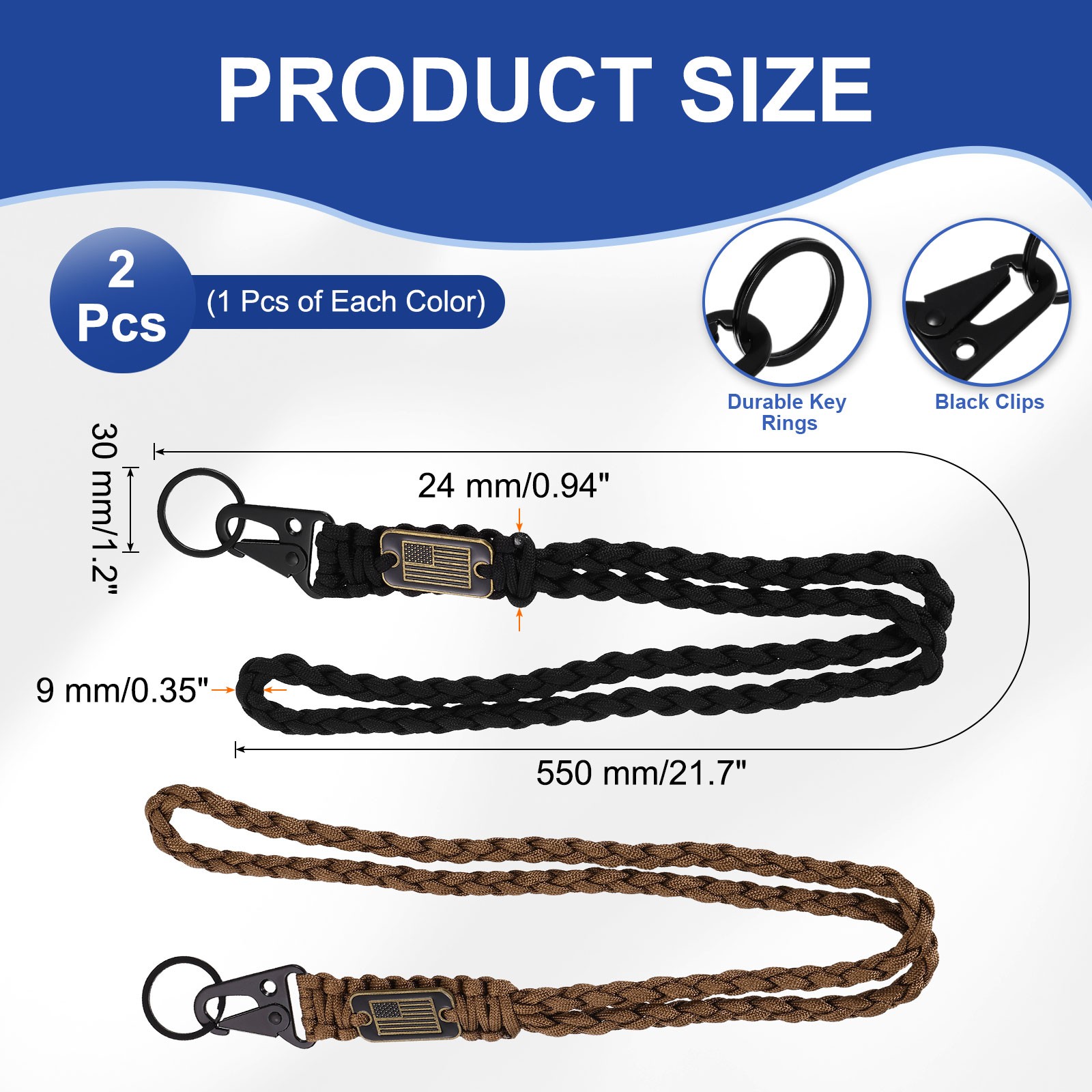 2Pcs Paracord Lanyard, Strong Lanyard with USA Flag, Black, Brown