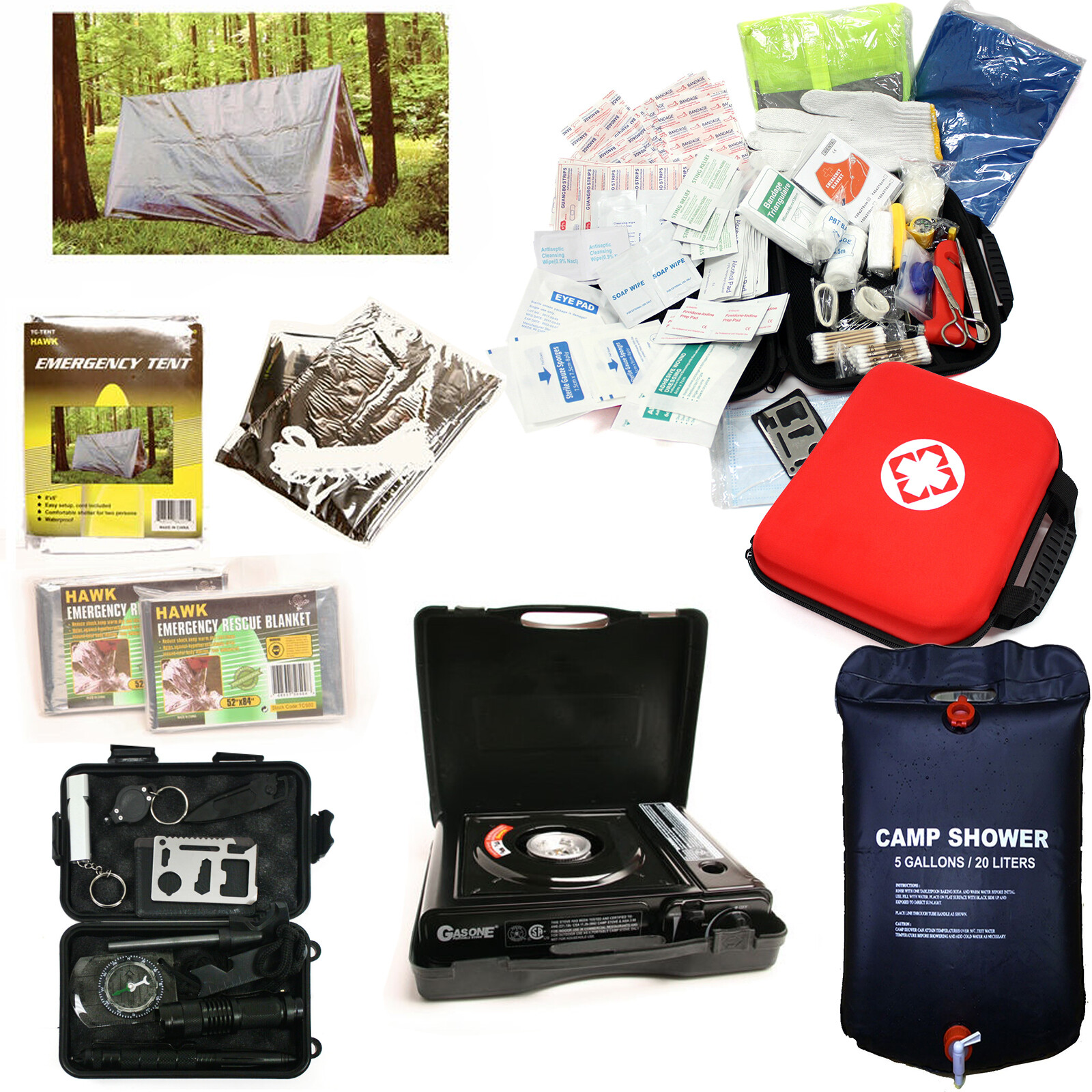 Emergency Survival Kit First Aid Bag Propane Stove Solar Shower Tent Blanket EDC