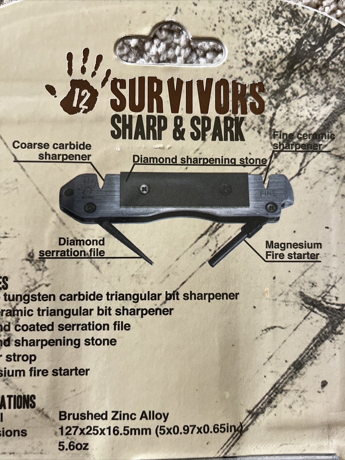 NEW 12 Survivors Sharp & Spark 6-In-1 Knife Sharpener & Fire Starter Tool SP $25