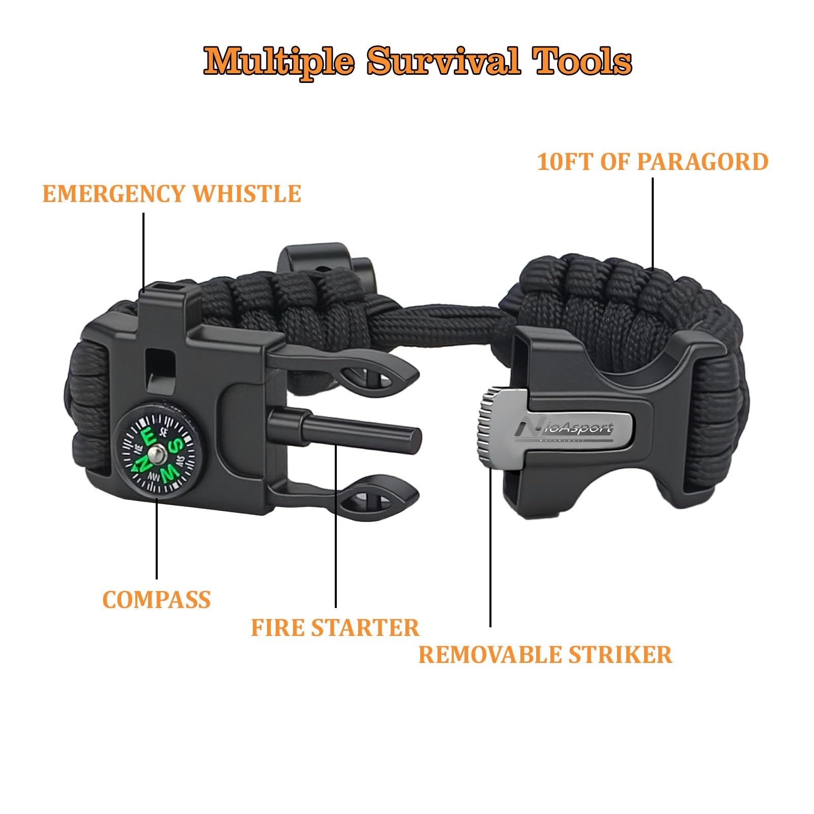 Survival Paracord Bracelet 3 Pack Fire Starter Whistle Compass Heavy Duty Outdoo
