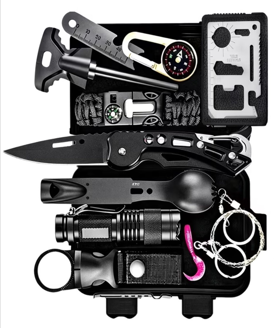 Multi Piece Survival Kit Compass Saw Knife Solar Blanket Firem Starter Lanyard