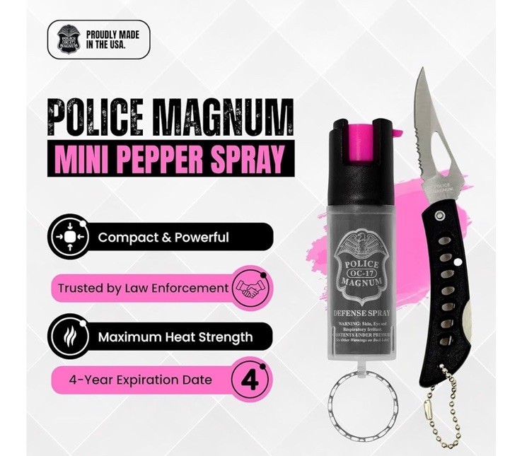 Pocket Knife AND Police Magnum Pepper Spray Safety Lock Self Defense Security