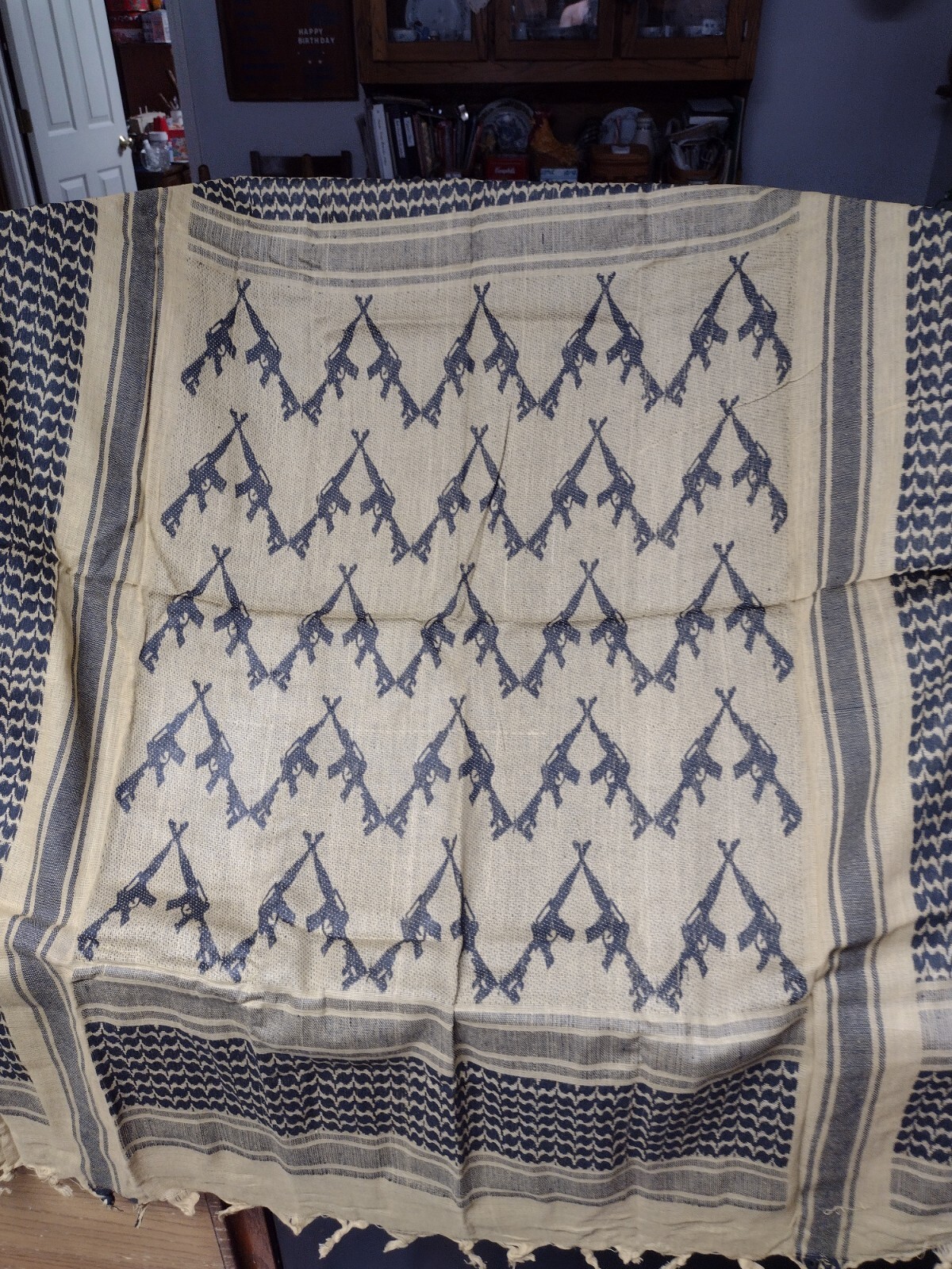 SET OF 2 SHEMAGH SCARVES RIFLES TROJAN HEADS DESIGNS DESERT TAN COLOR