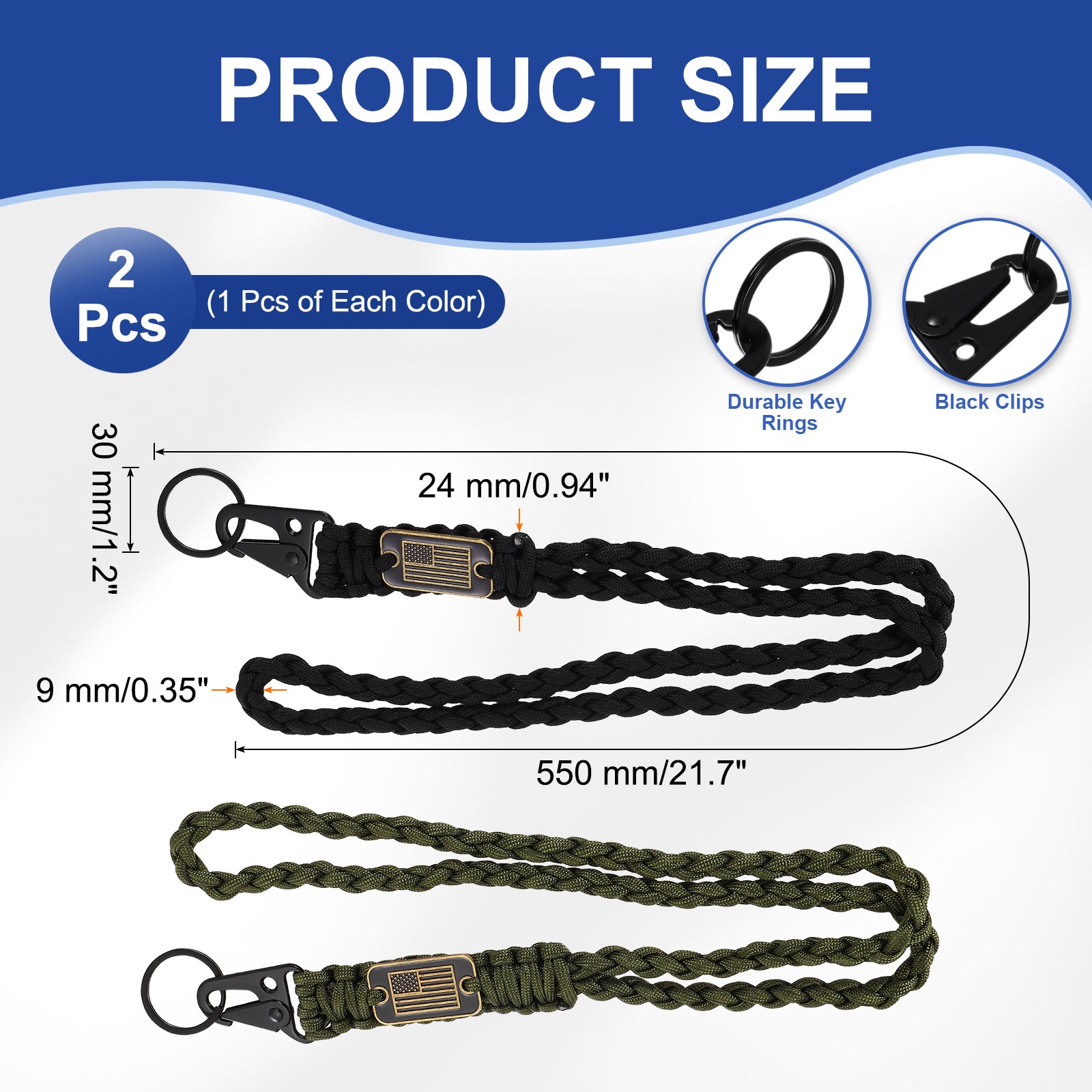 2Pcs Paracord Lanyard, Strong Lanyard with USA Flag, Black, Olive Green